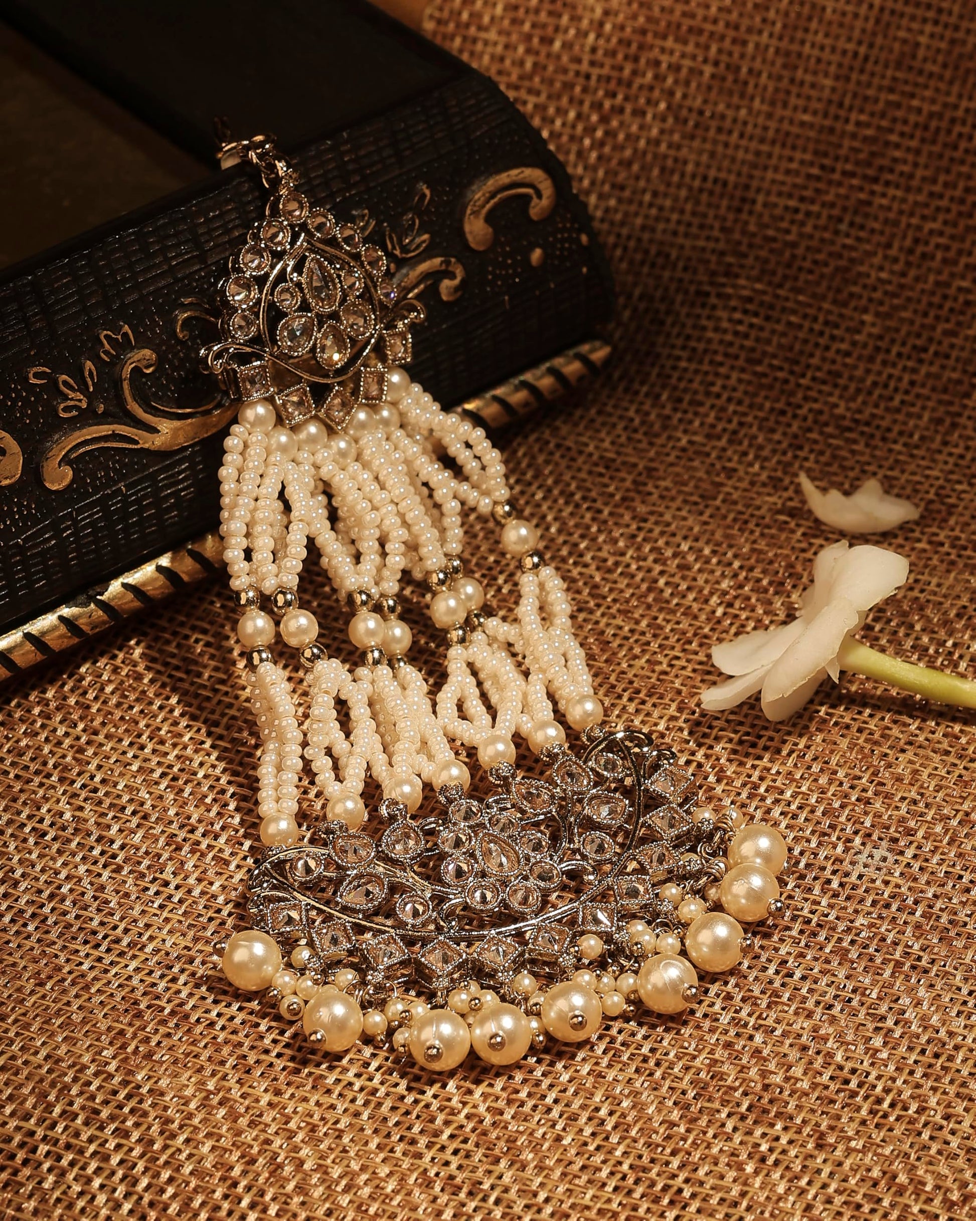 Saloni Fashion Jewellery Royal Flower and Leaf Design Gold Plated Lariat Pearl Brown Kundan Stone Passa/Matha Patti For Women and Girls