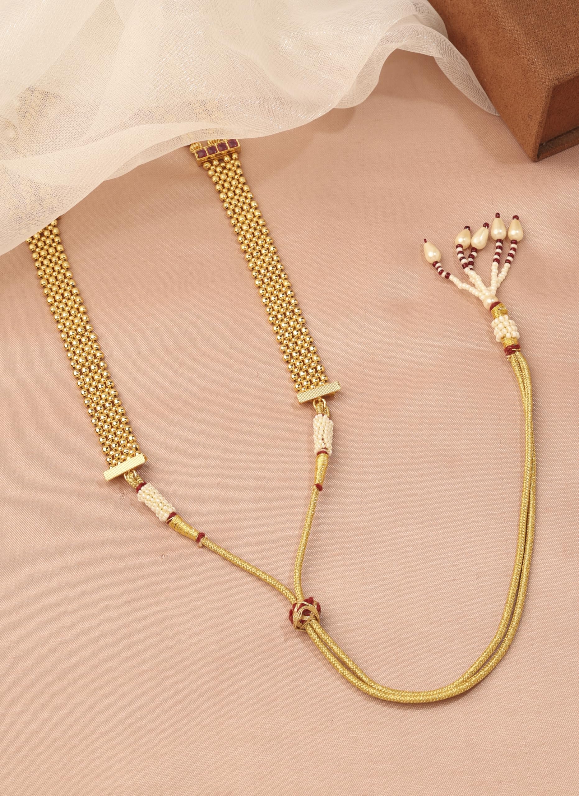 Saloni Fashion Jewellery Lovely Oval Shape Pink Kundan Stone 3 String Small Golden Balls Gold Plated Long Haram Brass Necklace For Women and Girls