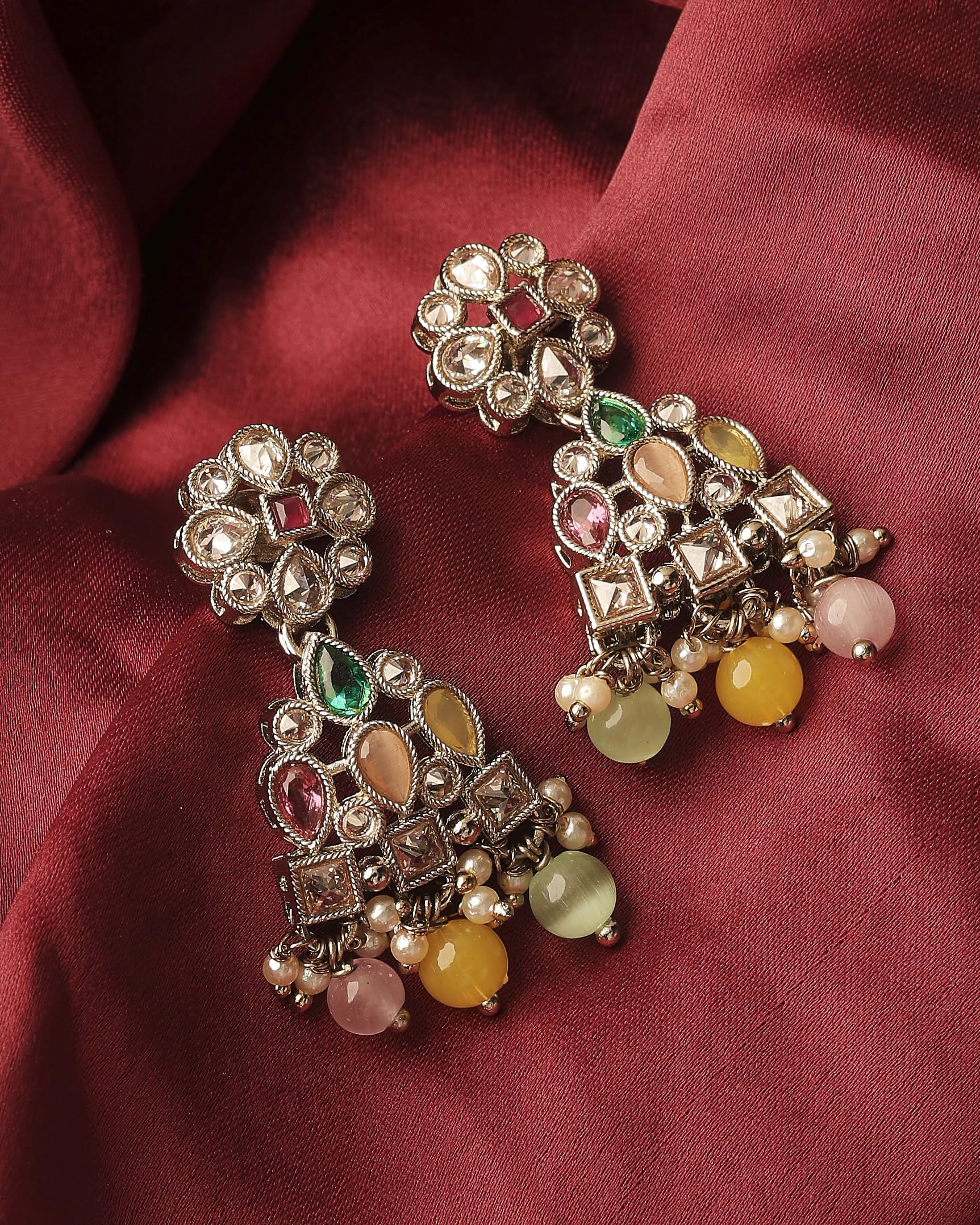 Saloni Fashion Jewellery Beautiful Pear and Round Shape Gold Plated Multi Kundan Stone Dangle Earring For Women and Girls