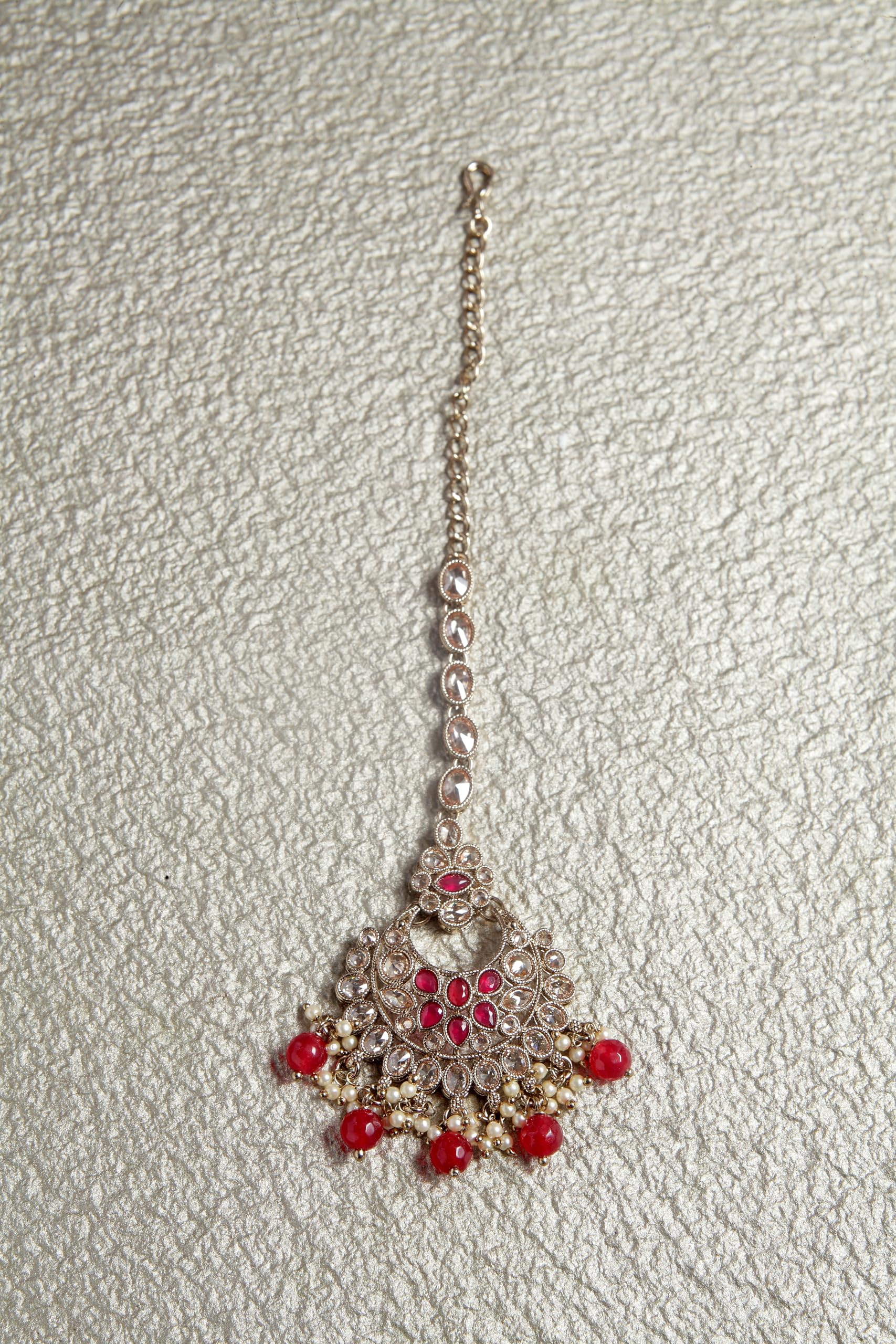 Saloni Fashion Jewellery Glorious Chandelier Shape Mother of Pearl Ruby Uncut Kundan Stone Antique Gold Plated Maang Tikka For Women and Girls