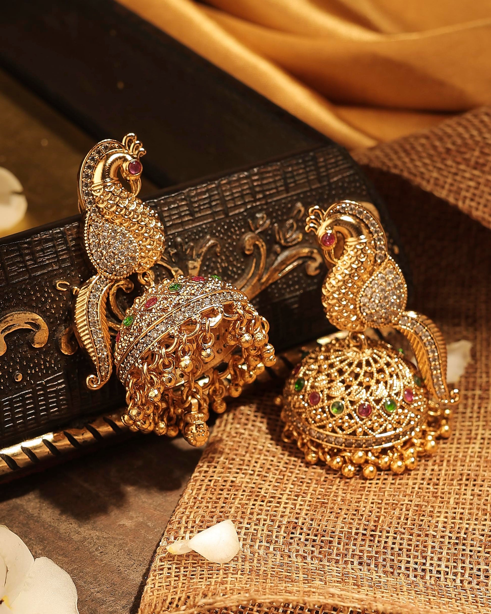 Saloni Fashion Jewellery Pleasant Peacock Design Gold Plated CZ Studded Brass Jhumki Earring For Women and Girls