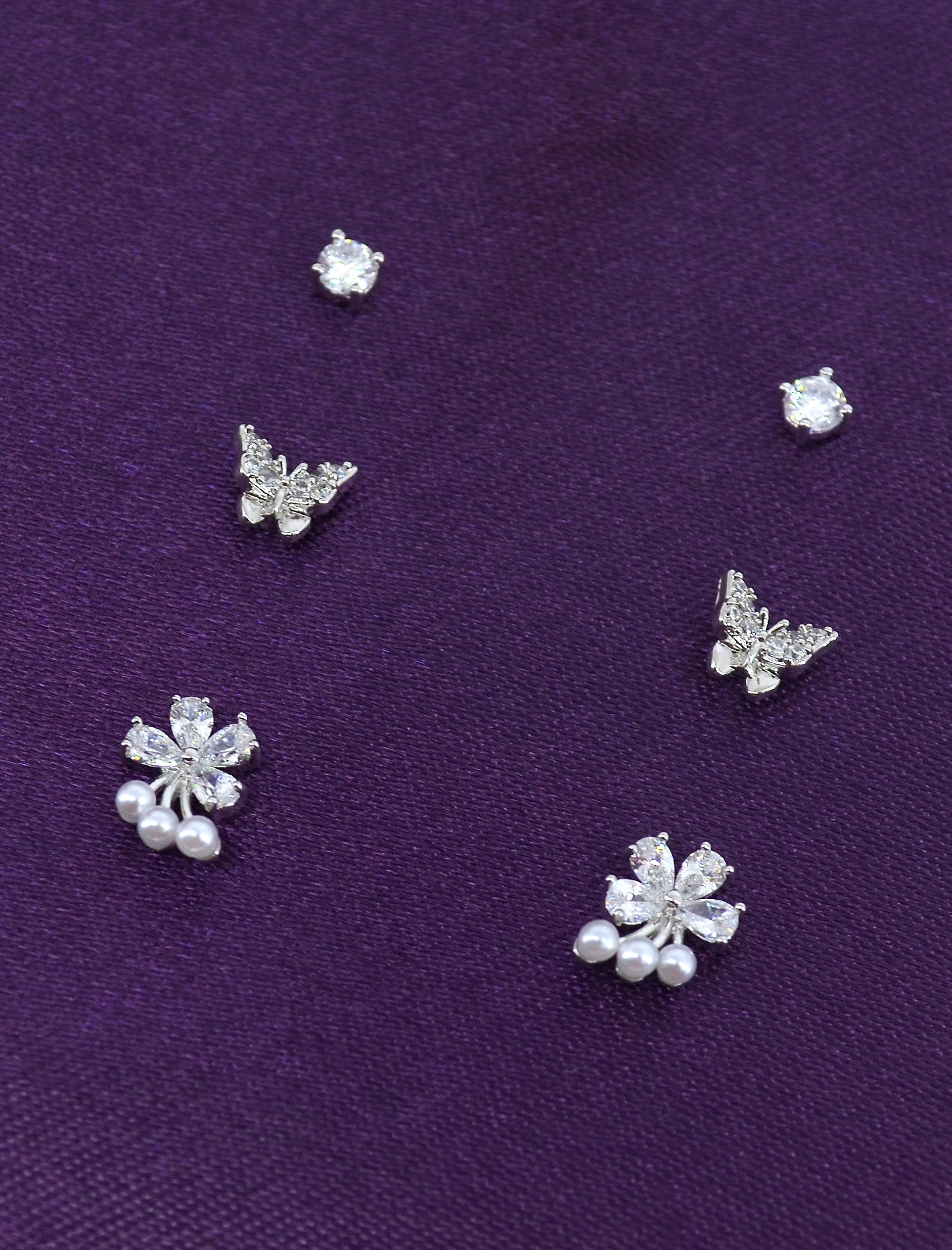 Saloni Fashion Jewellery Lavish Butterfly and Flower Design CZ Brass Silver Plated Set of 3 Combo Stud Earring For Women and Girls
