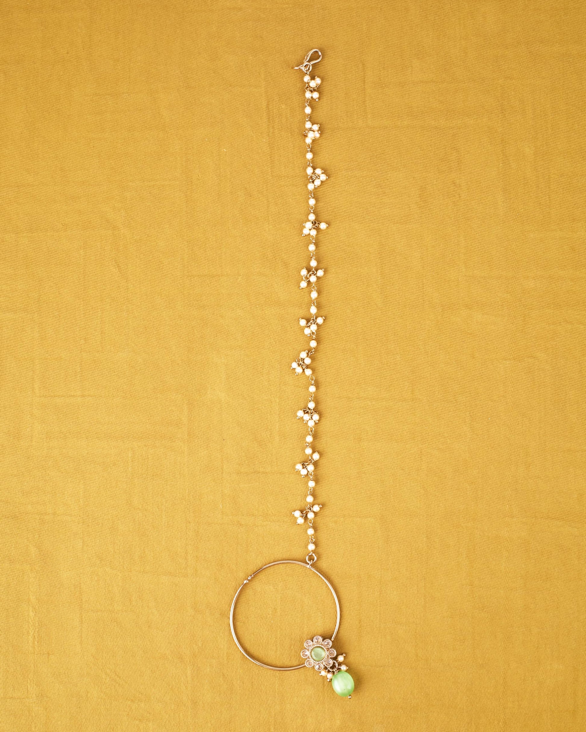 Saloni Fashion Jewellery Good-looking Round and Flower Shape Mother of Pearl White and Green Uncut Kundan Stone Antique Gold Plated Choker and Long Haram Jewllery Sets For Women and Girls