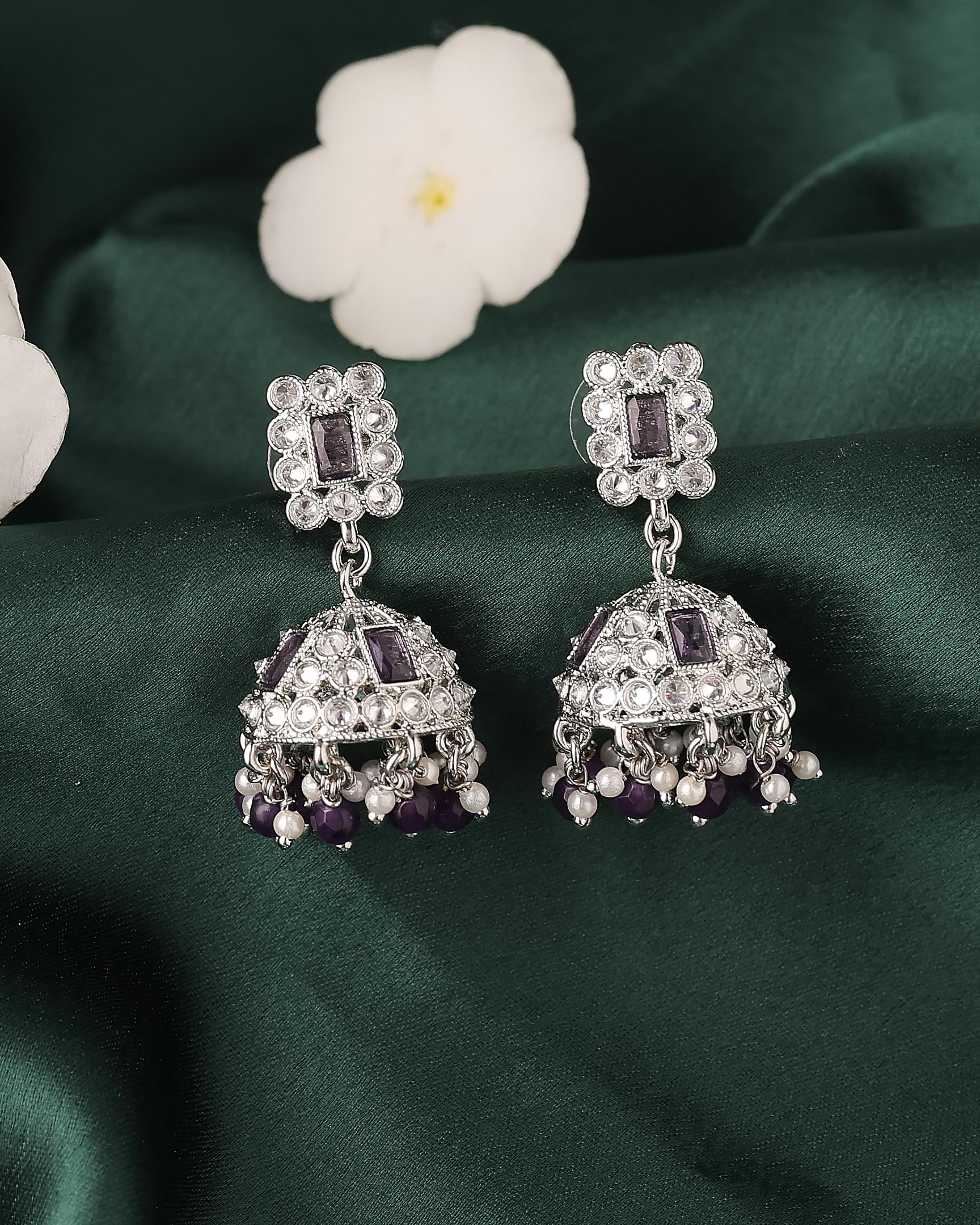 Saloni Fashion Jewellery Delightful Square Shape Silver Plated Purple Kundan Stone Jhumki Earring For Women and Girls