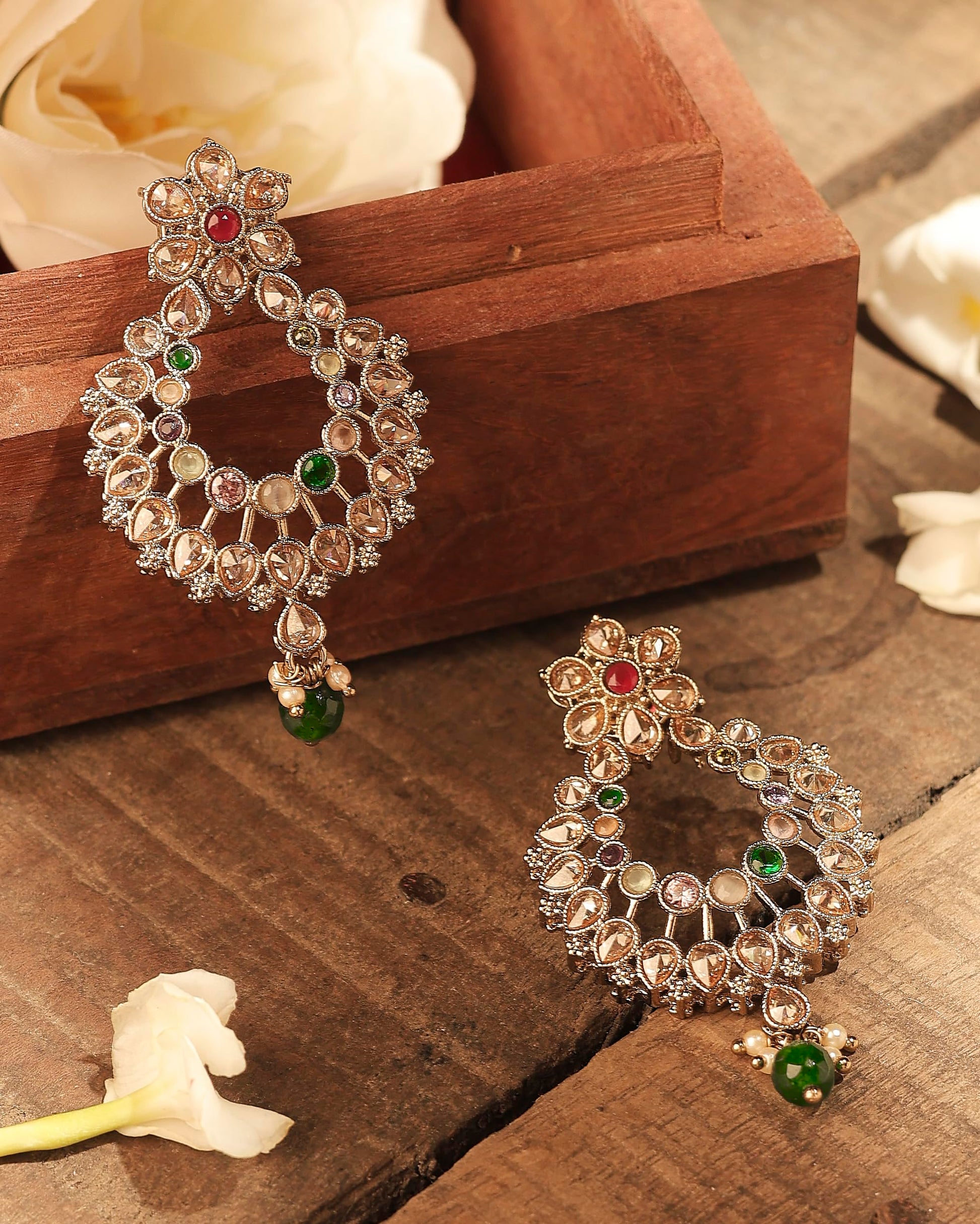 Saloni Fashion Jewellery Incredible Pear and Flower Design Gold Plated Multi Kundan Stone Chandelier Earring For Women and Girls