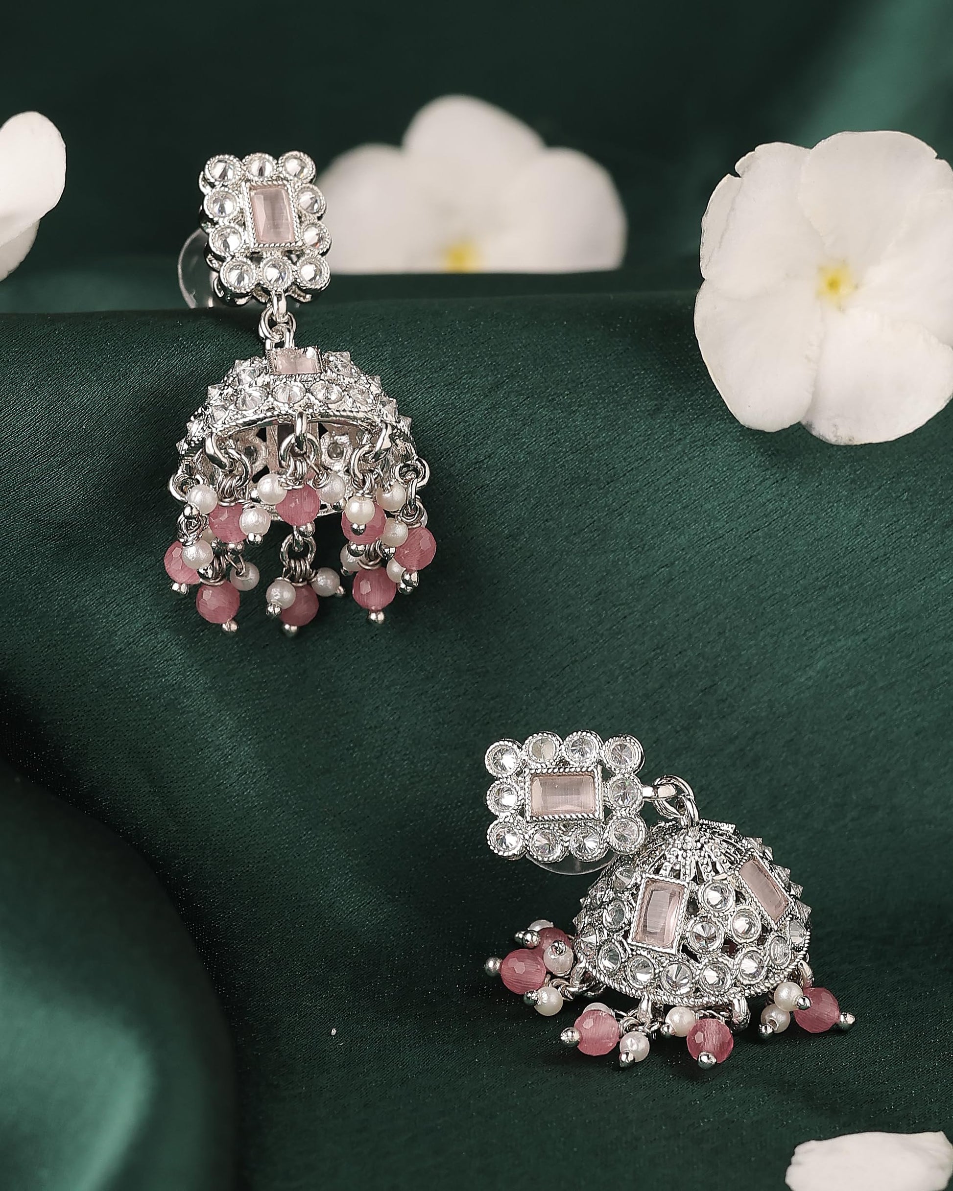 Saloni Fashion Jewellery Dazzling Square Shape Silver Plated Pink Kundan Stone Jhumki Earring For Women and Girls