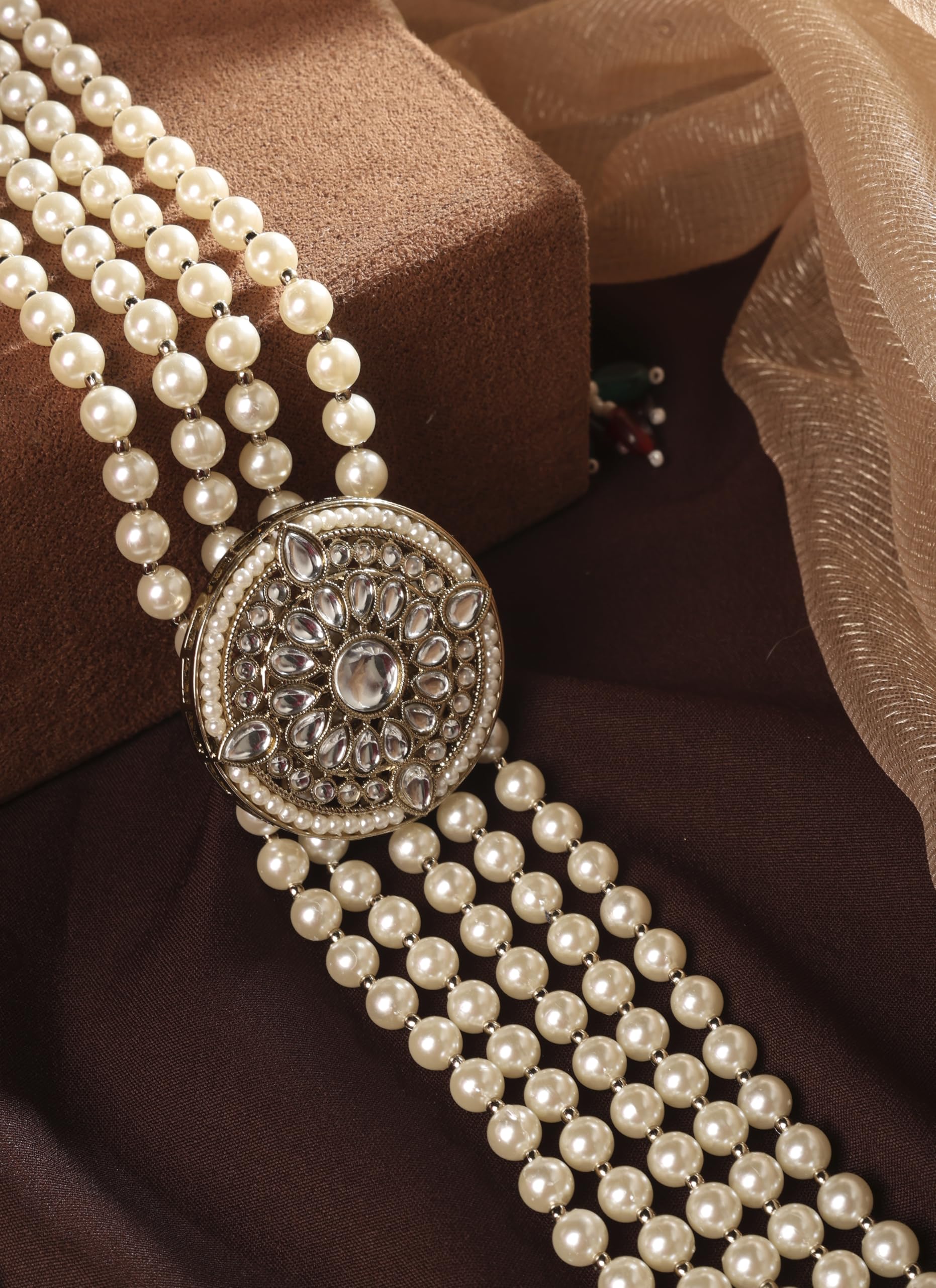 Saloni Fashion Jewellery Luxurious Flower Design Pearl 5 String White Stone Kundan Antique Gold Plated Long Haram Necklace Mala For Women and Girls