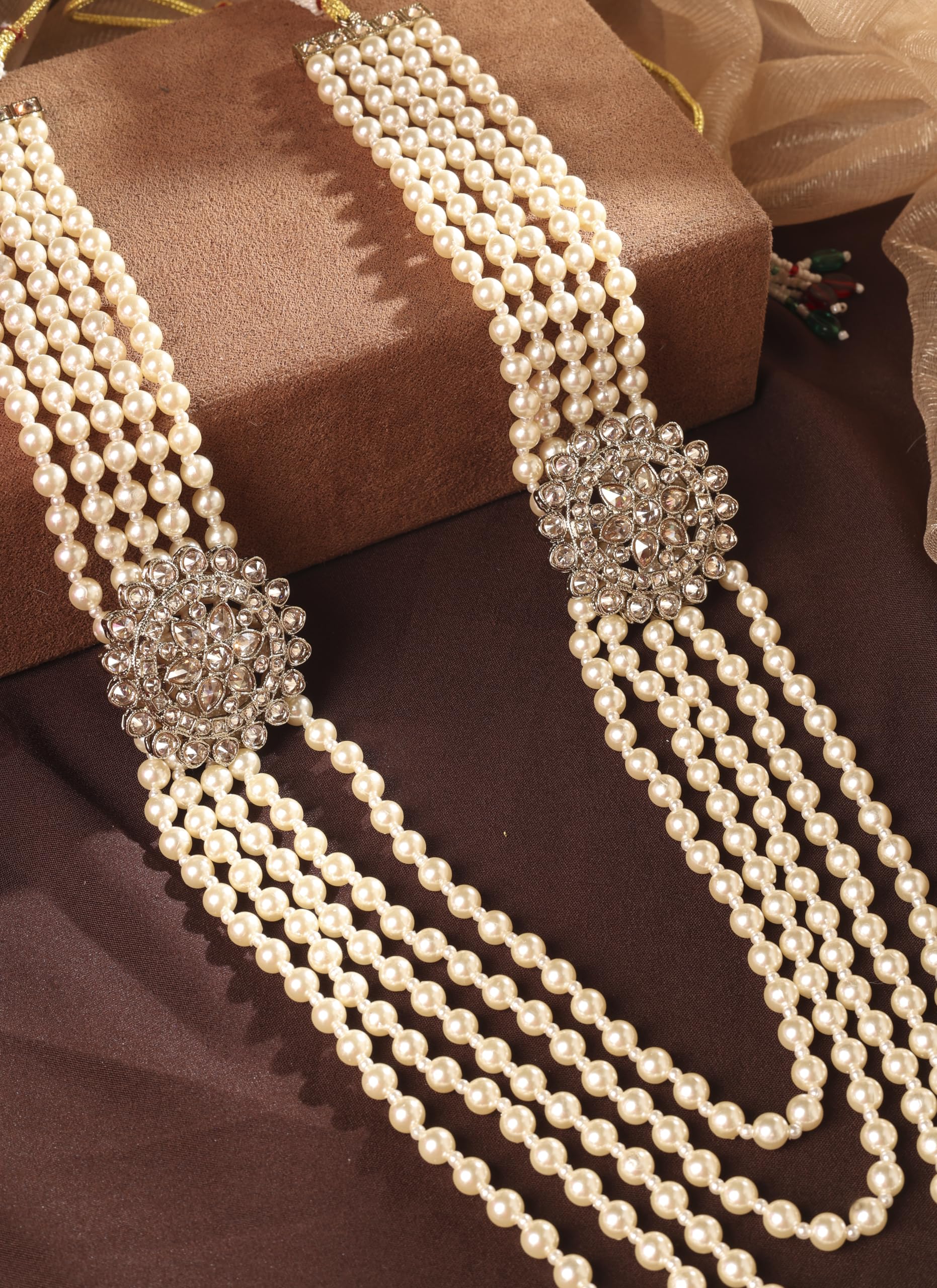 Saloni Fashion Jewellery Royal Flower Design Pearl 5 String Brown Stone Kundan Antique Gold Plated Long Haram Necklace Mala For Women and Girls