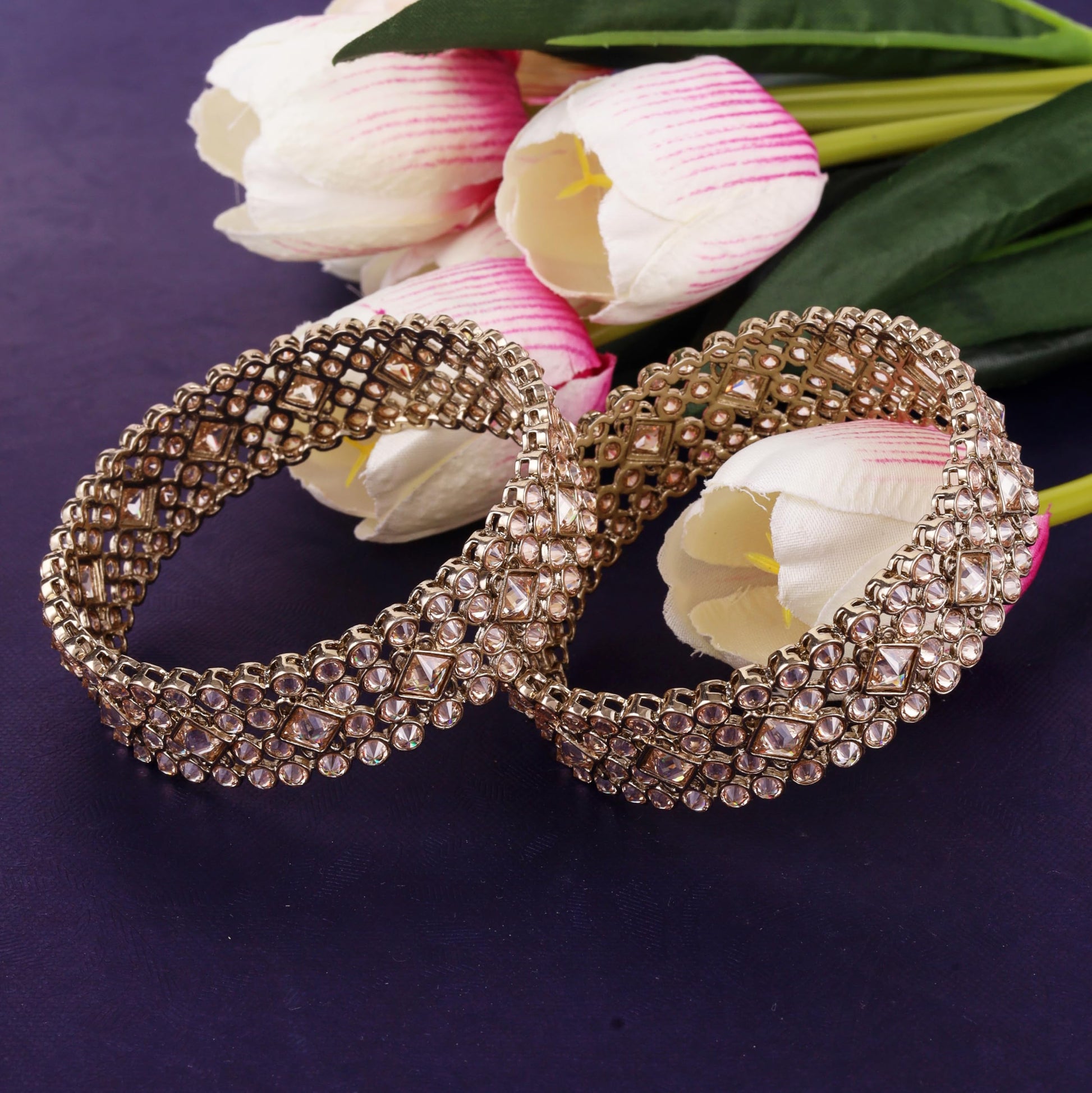 Saloni Fashion Jewellery Traditional Dazzling Round and Rectangle Gold Plated Brown Stone Set of 2 Bangles For Women