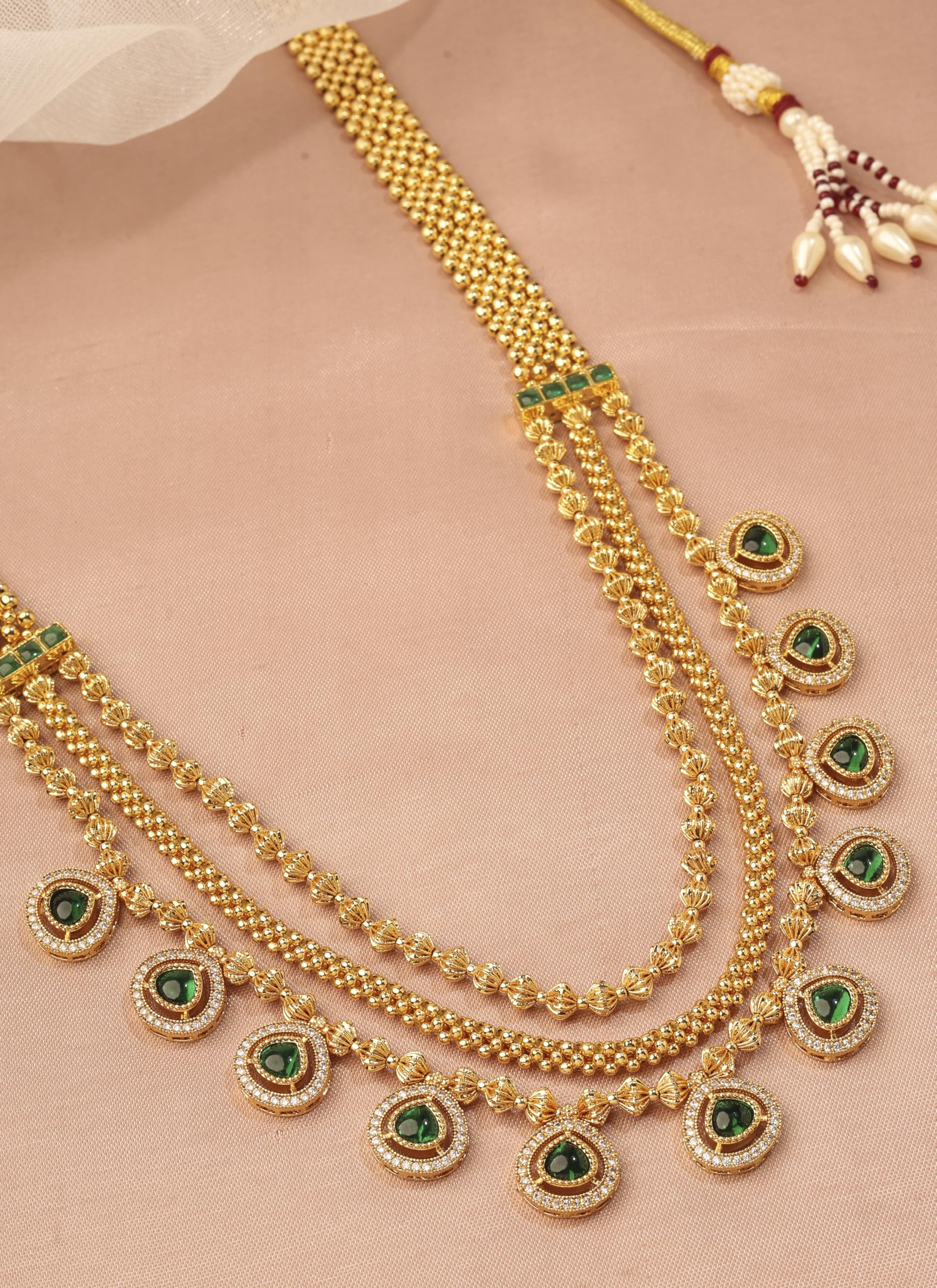 Saloni Fashion Jewellery Lavish Oval Shape Green Kundan Stone 3 String Small Golden Balls Gold Plated Long Haram Brass Necklace For Women and Girls