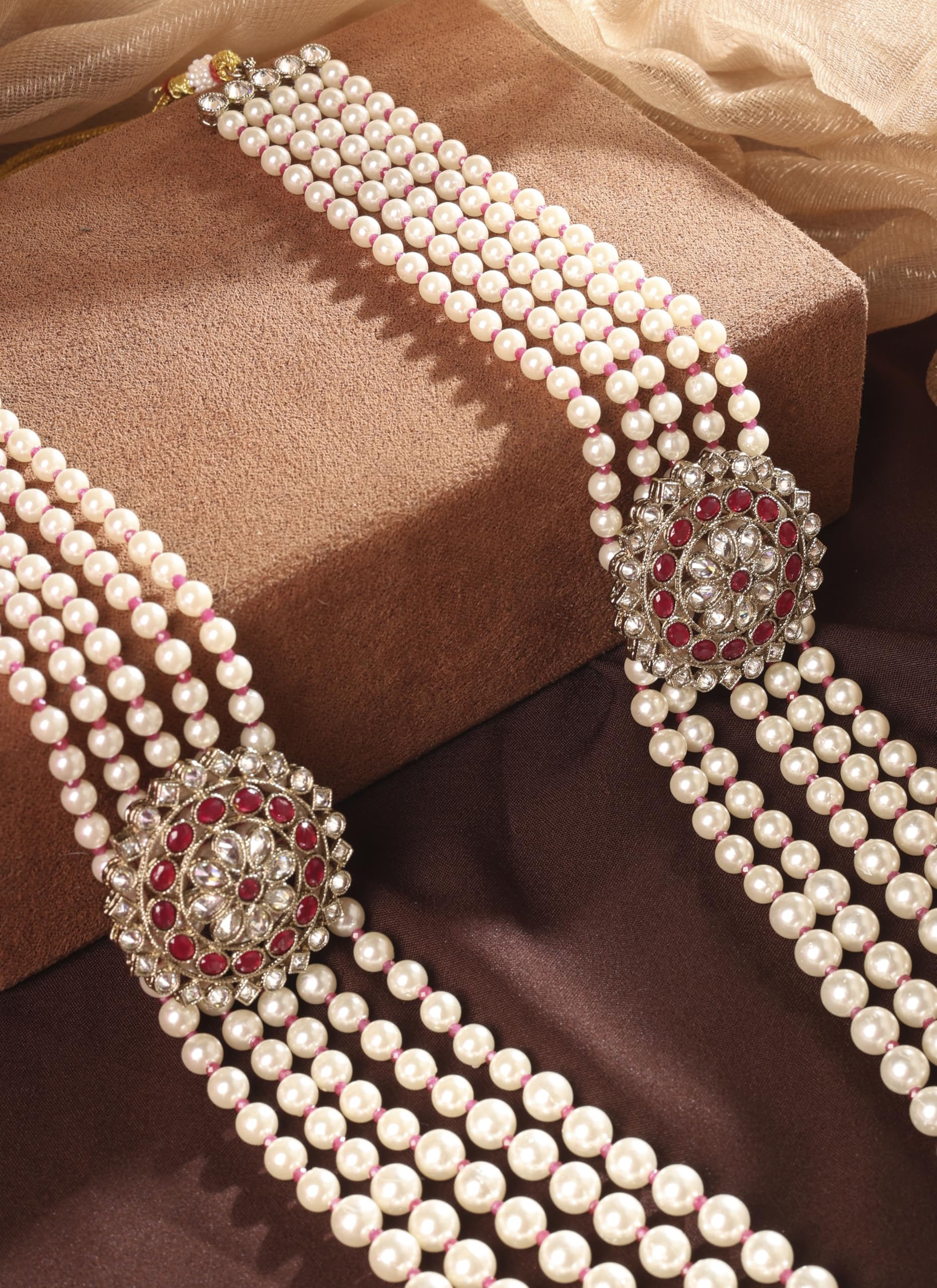 Saloni Fashion Jewellery Marvellous Flower Design Pearl 5 String Ruby Stone Kundan Antique Gold Plated Long Haram Necklace Mala For Women and Girls