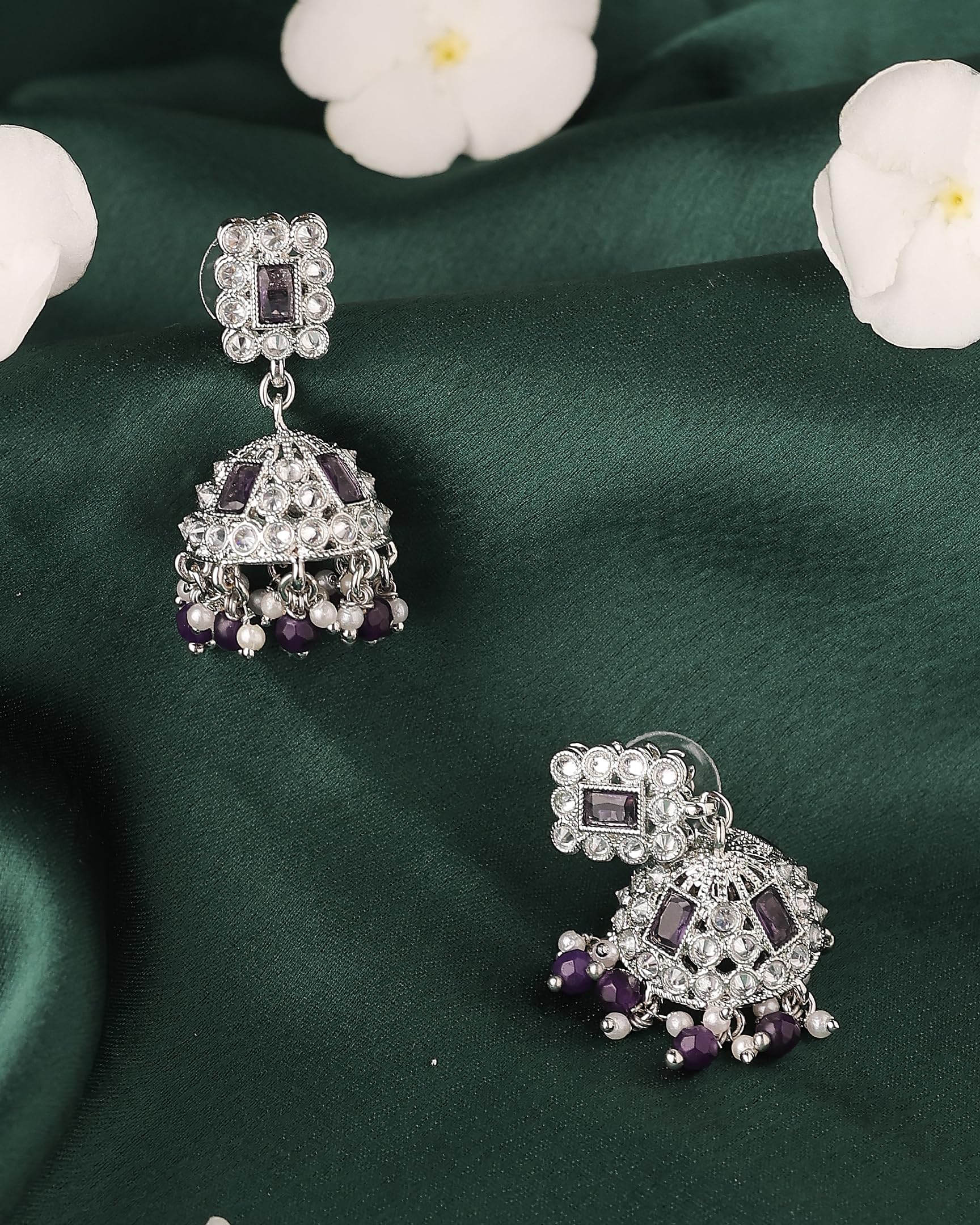 Saloni Fashion Jewellery Delightful Square Shape Silver Plated Purple Kundan Stone Jhumki Earring For Women and Girls