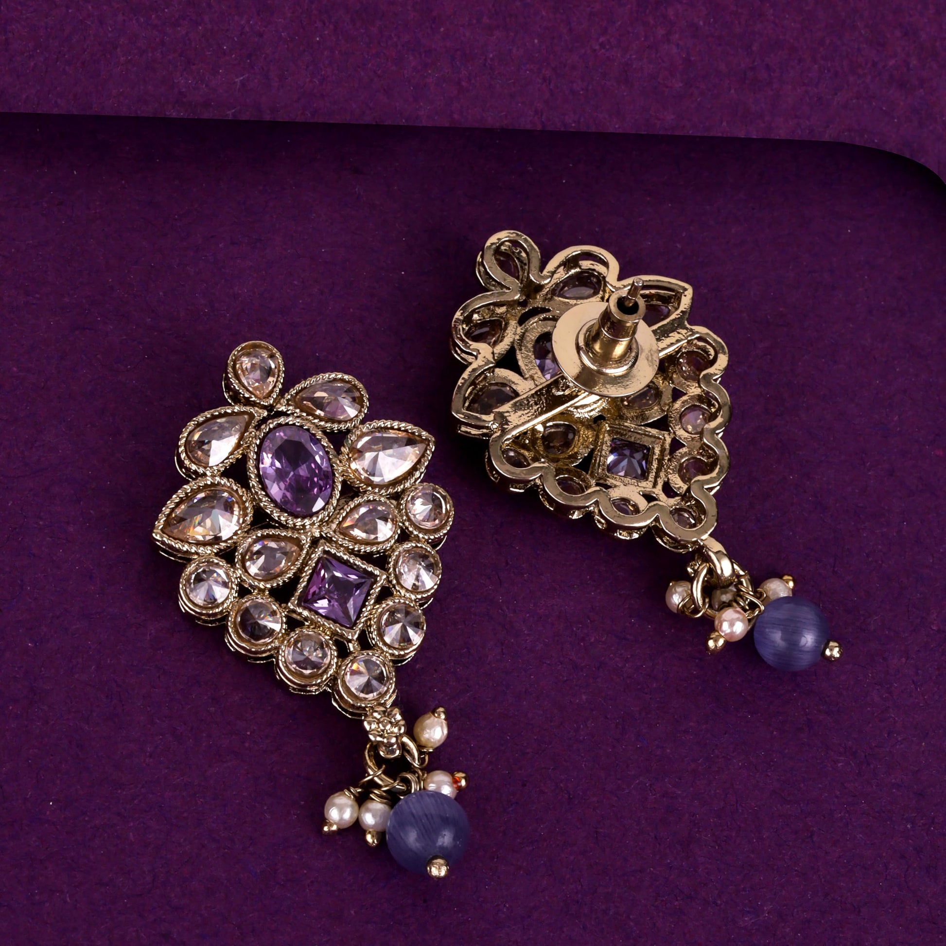 Saloni Fashion Jewellery Marvellous Flower Design Purple Uncut Kundan Stone Mother of Pearl Antique Gold Plated Dangle Earring For Women and Girls