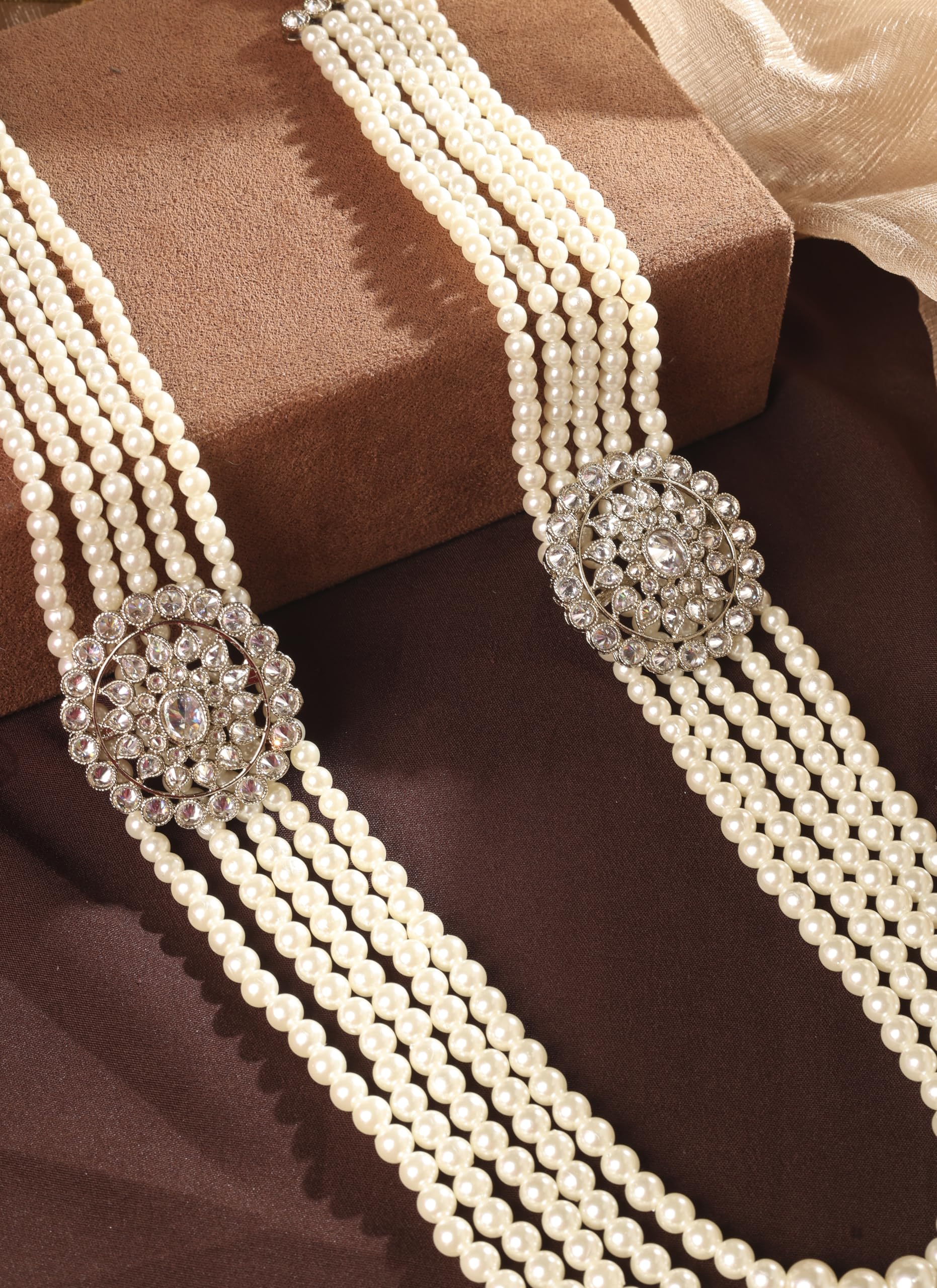 Saloni Fashion Jewellery Pleasant Flower Design Pearl 5 String Brown Stone Kundan Antique Gold Plated Long Haram Necklace Mala For Women and Girls