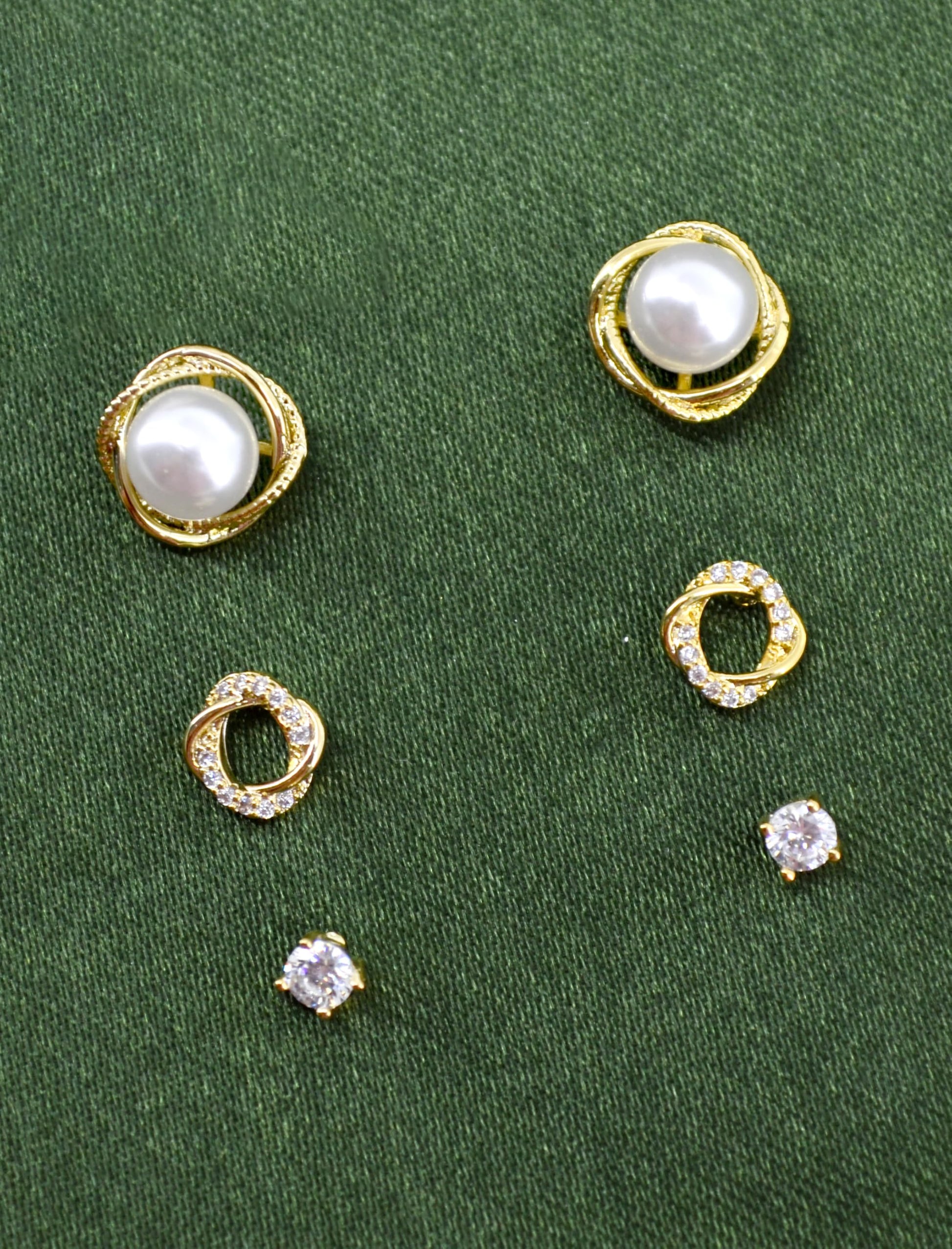 Saloni Fashion Jewellery Pretty Round Shape CZ Brass Gold Plated Set of 3 Combo Stud Earring For Women and Girls
