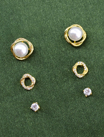 Saloni Fashion Jewellery Pretty Round Shape CZ Brass Gold Plated Set of 3 Combo Stud Earring For Women and Girls