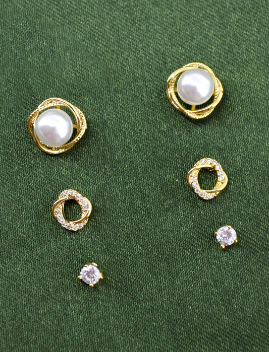 Saloni Fashion Jewellery Pretty Round Shape CZ Brass Gold Plated Set of 3 Combo Stud Earring For Women and Girls