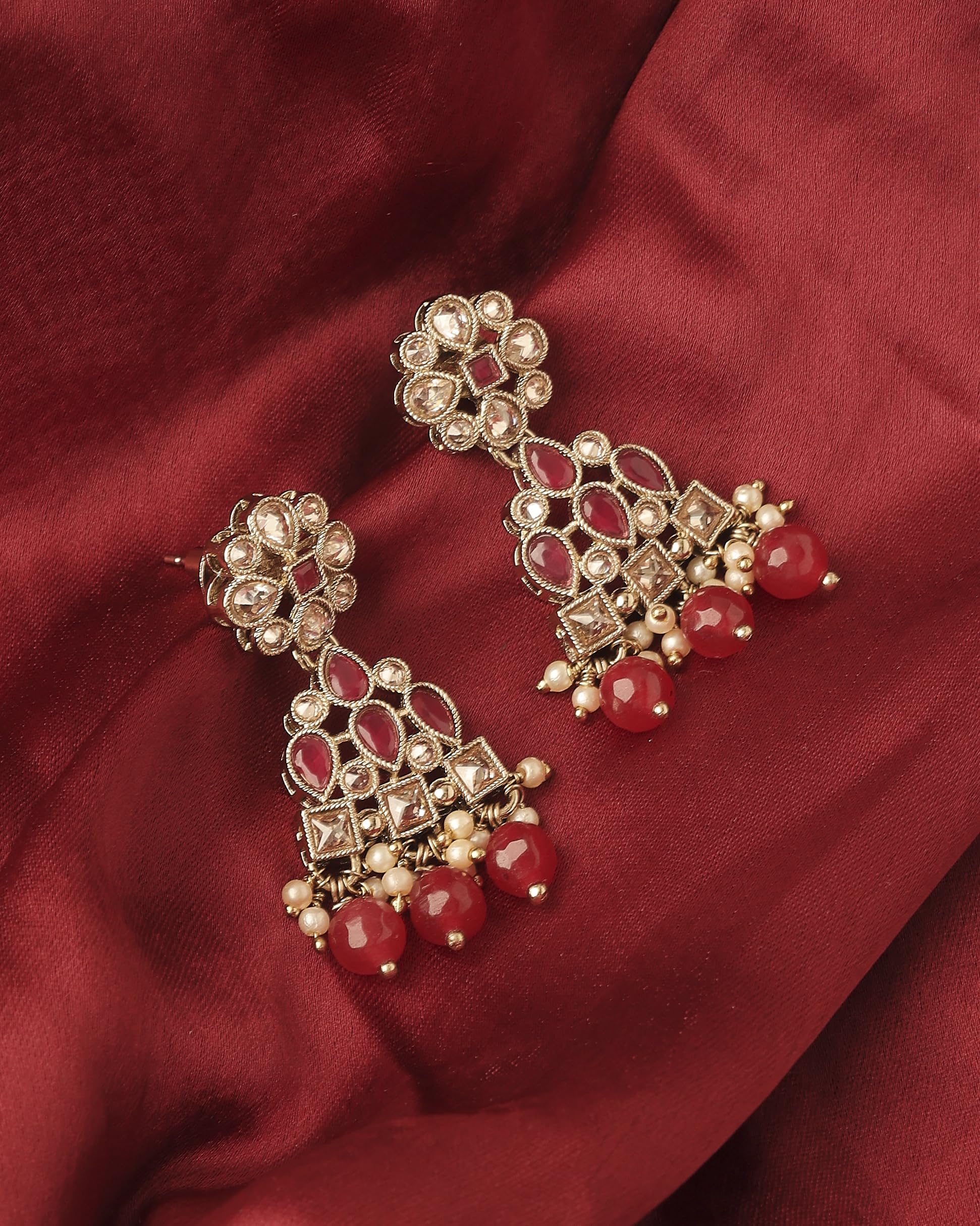 Saloni Fashion Jewellery Brilliant Pear and Round Shape Gold Plated Ruby Kundan Stone Dangle Earring For Women and Girls