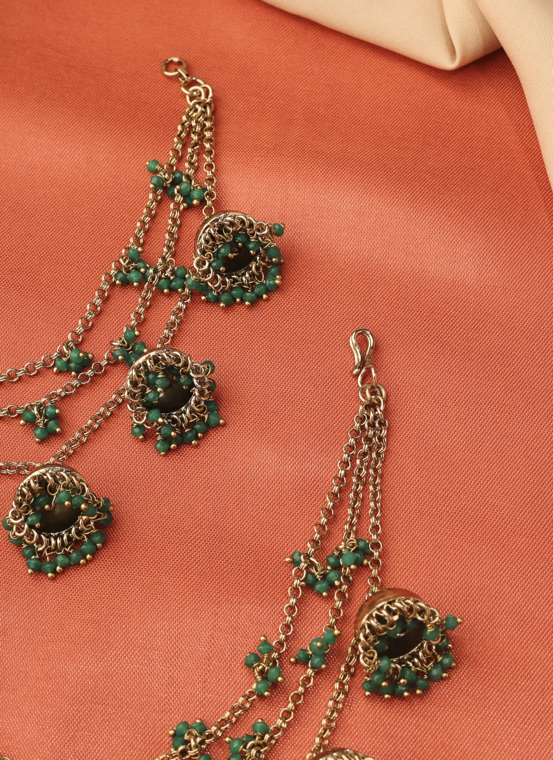 Saloni Fashion Jewellery Marvellous Latkan Jhumki 3 String Chain Green Pearl Antique Gold Plated Thread Earring Brass Kaan Chain For Women and Girls