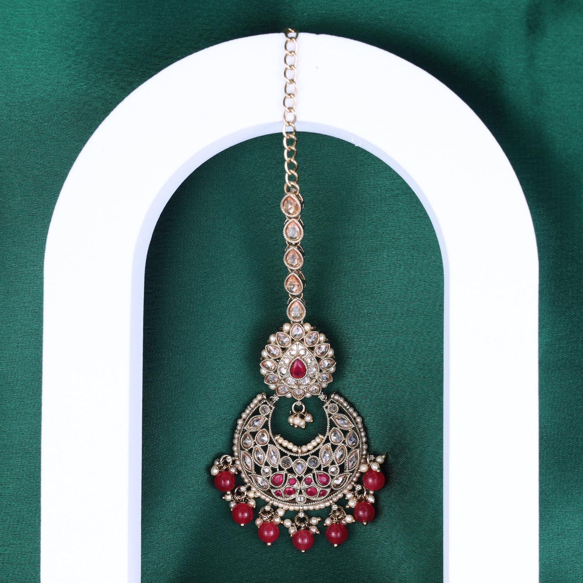 Saloni Fashion Jewellery Traditional Oval and Chandelier Shape Silver Gold Plated Set of 2 Combo Maang Tikka For Women