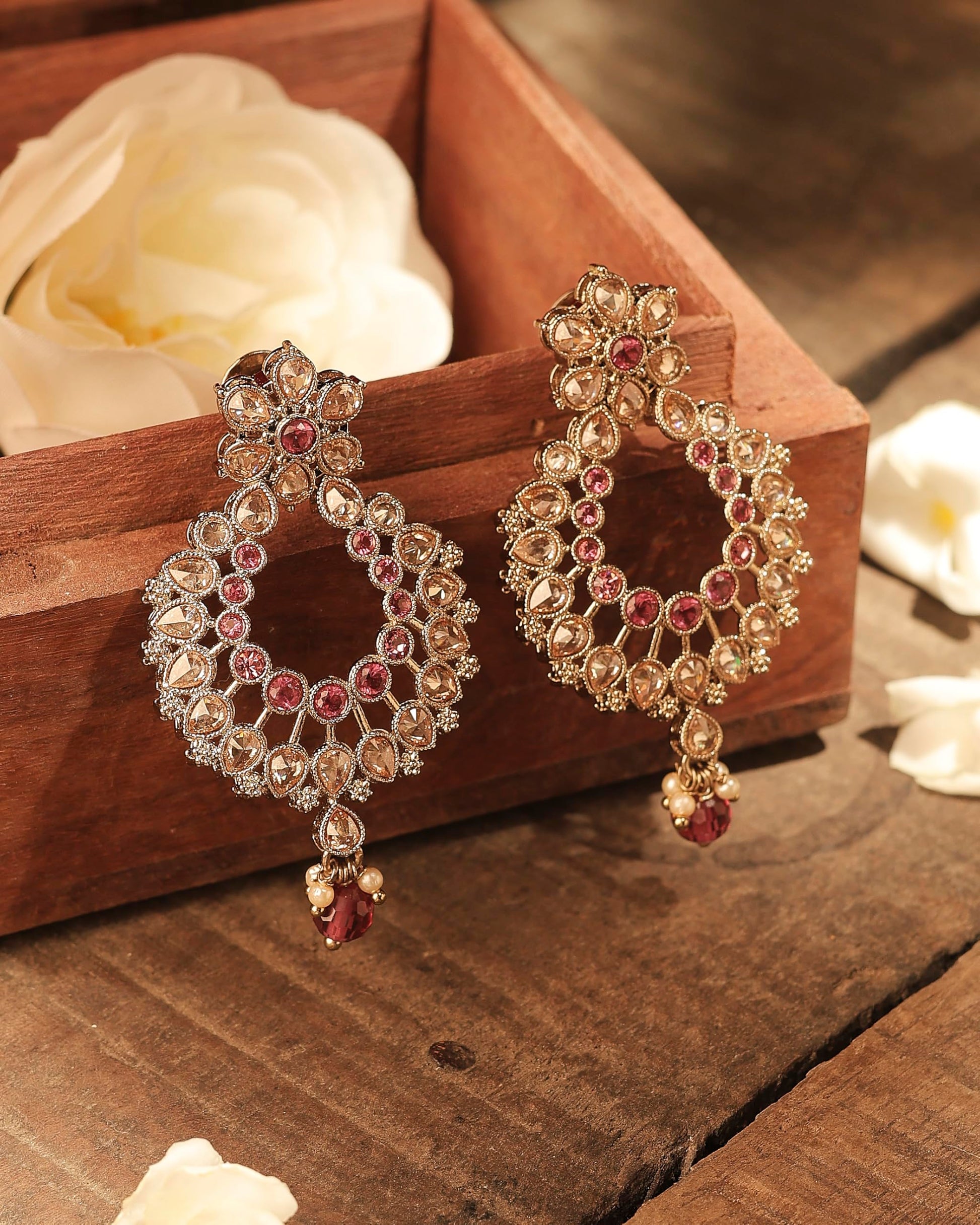 Saloni Fashion Jewellery Inspired Pear and Flower Design Gold Plated Ruby Kundan Stone Chandelier Earring For Women and Girls