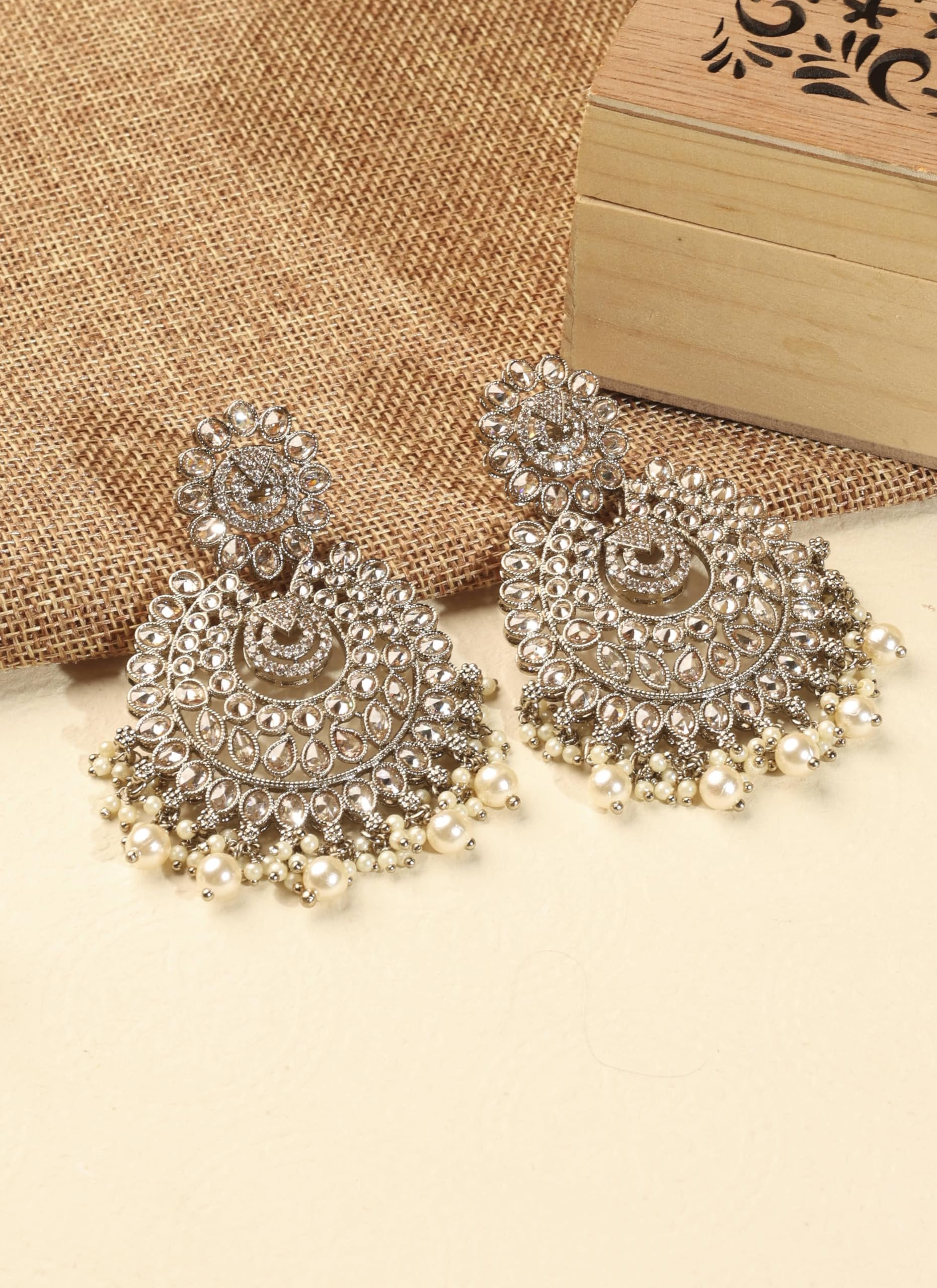 Saloni Fashion Jewellery Fancy Chandelier and Mother of Pearl Brown Kundan Stone Antique Gold Plated Chandelier Earring For Women and Girls