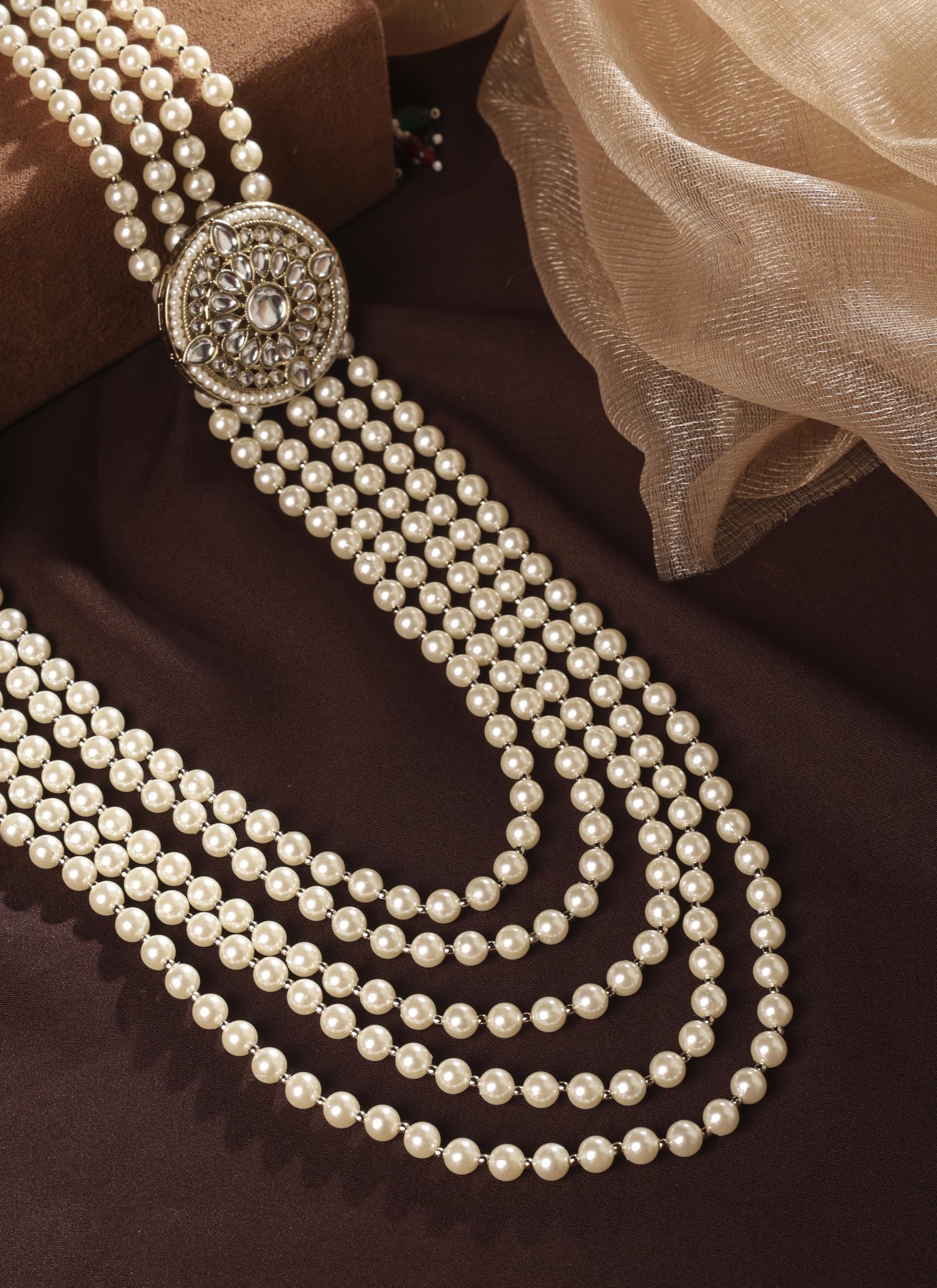 Saloni Fashion Jewellery Luxurious Flower Design Pearl 5 String White Stone Kundan Antique Gold Plated Long Haram Necklace Mala For Women and Girls