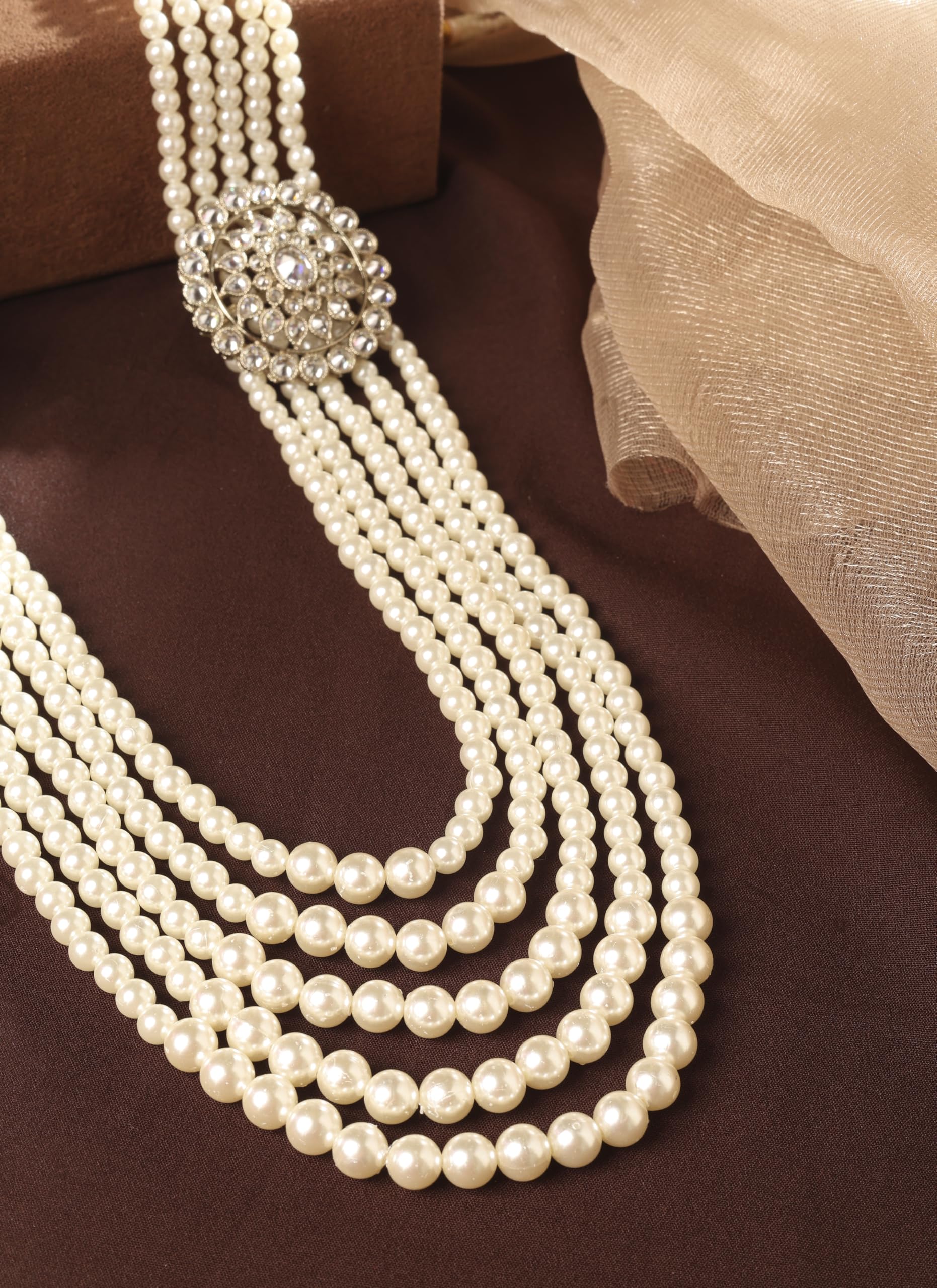 Saloni Fashion Jewellery Pleasant Flower Design Pearl 5 String Brown Stone Kundan Antique Gold Plated Long Haram Necklace Mala For Women and Girls