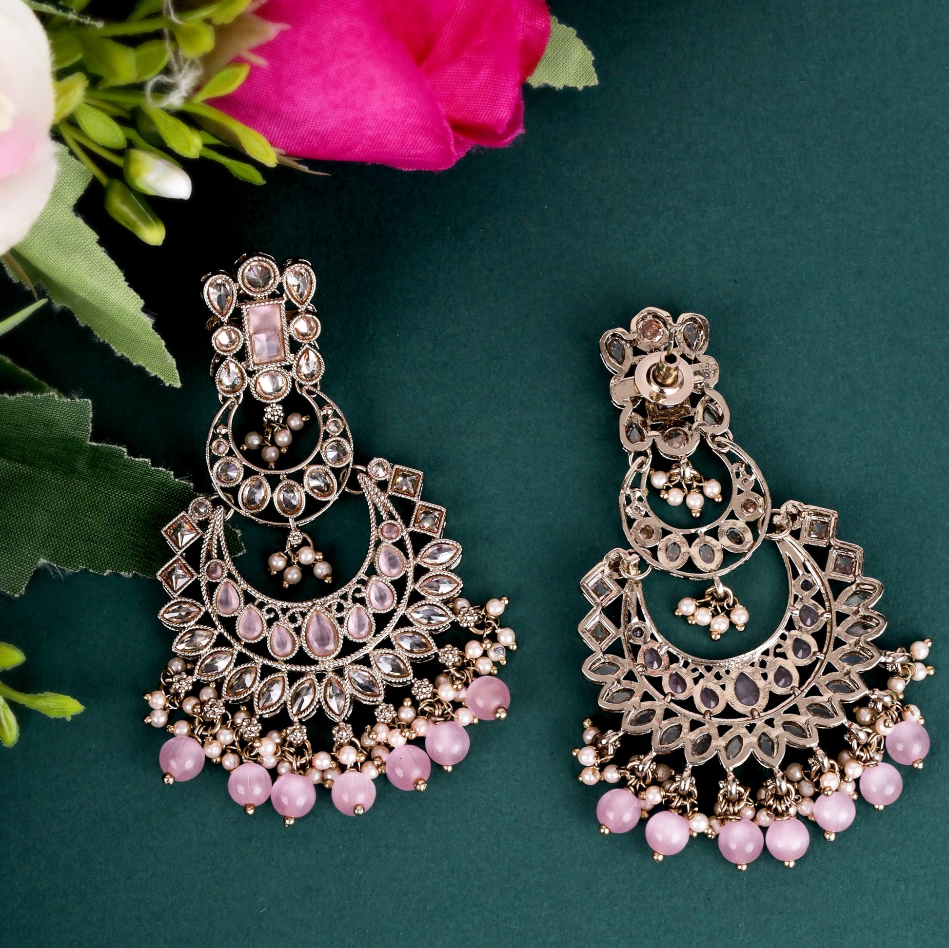 Saloni Fashion Jewellery Graceful Pear and Chandelier Shape Mother of Pearl Pink Uncut Kundan Stone Antique Gold Plated Earring For Women and Girls
