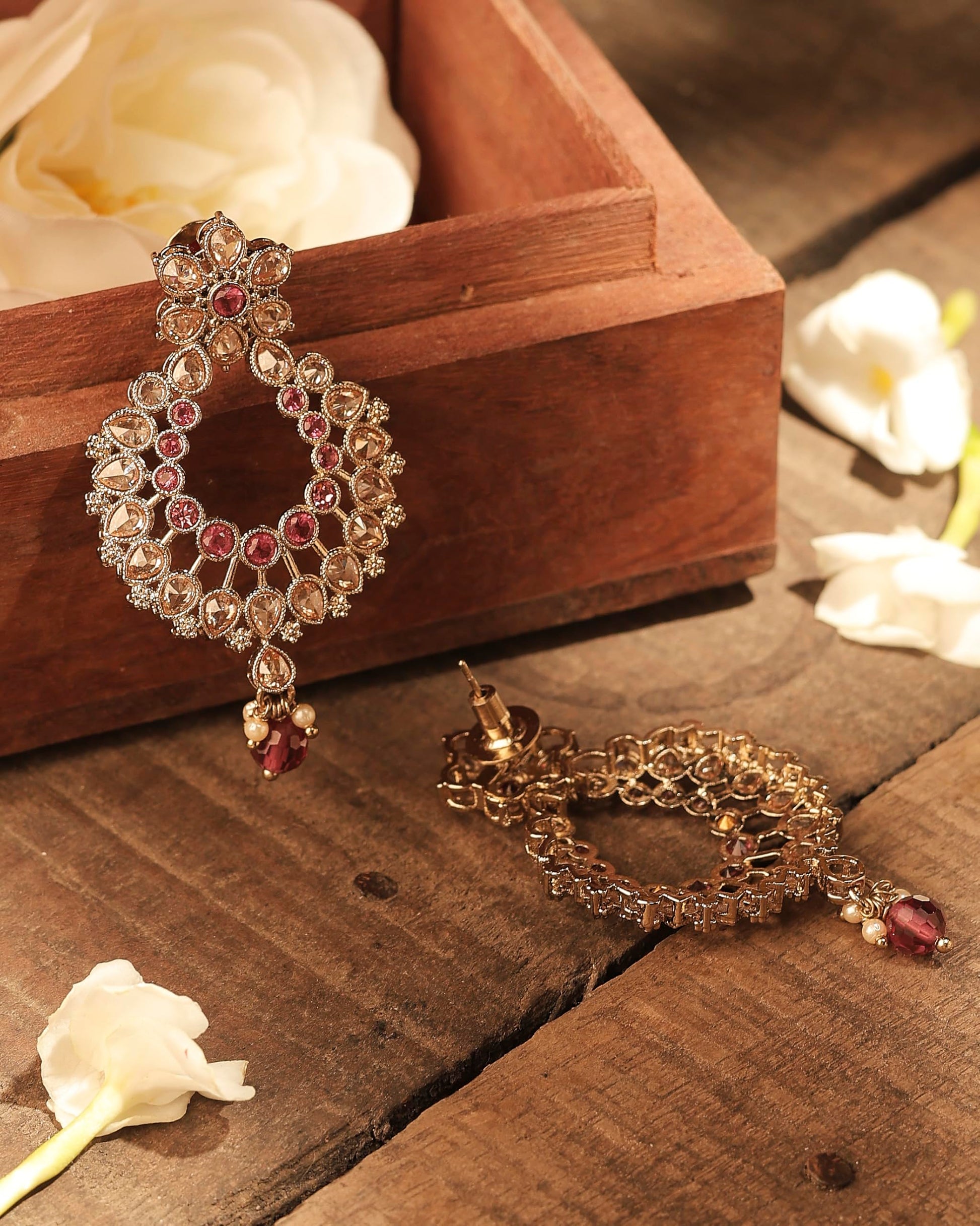 Saloni Fashion Jewellery Inspired Pear and Flower Design Gold Plated Ruby Kundan Stone Chandelier Earring For Women and Girls
