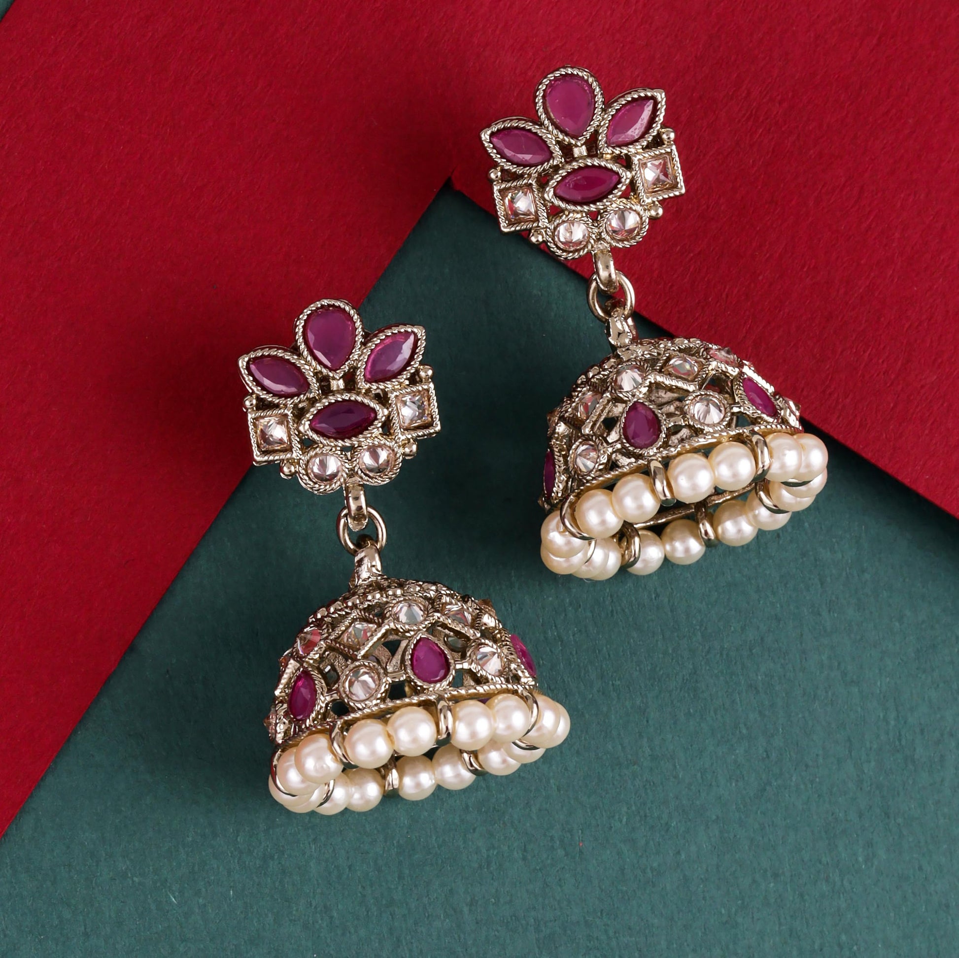 Saloni Fashion Jewellery Attractive Flower Design Pink Uncut Kundan Stone Antique Gold Plated Jhumki Earring For Women and Girls
