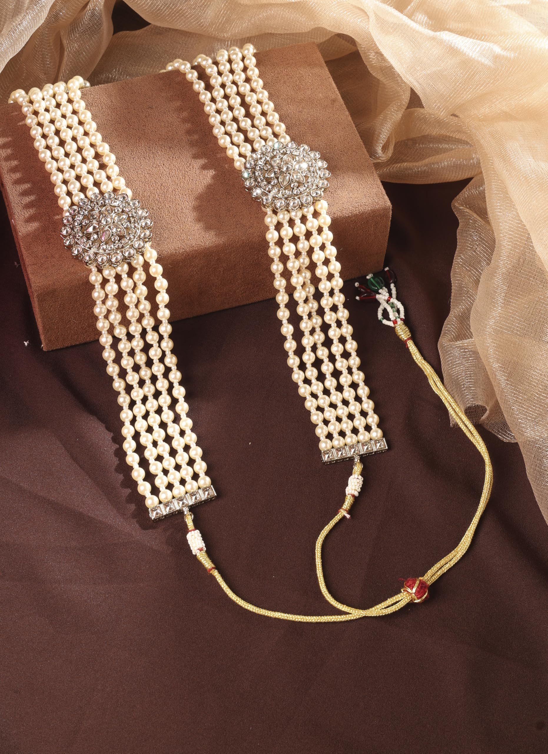 Saloni Fashion Jewellery Pleasant Flower Design Pearl 5 String Brown Stone Kundan Antique Gold Plated Long Haram Necklace Mala For Women and Girls