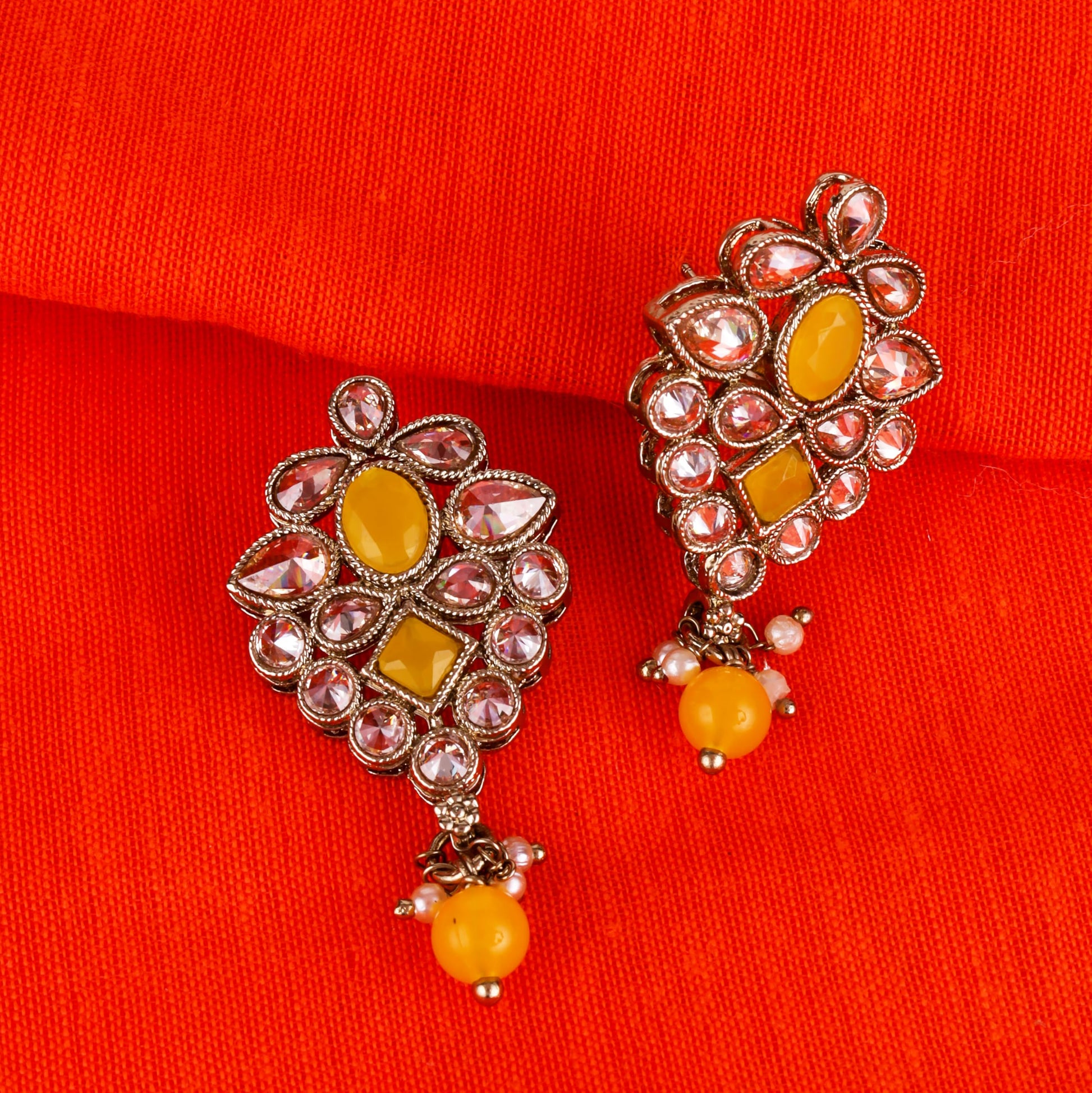 Saloni Fashion Jewellery Modish Flower Design Yellow Uncut Kundan Stone Mother of Pearl Antique Gold Plated Dangle Earring For Women and Girls