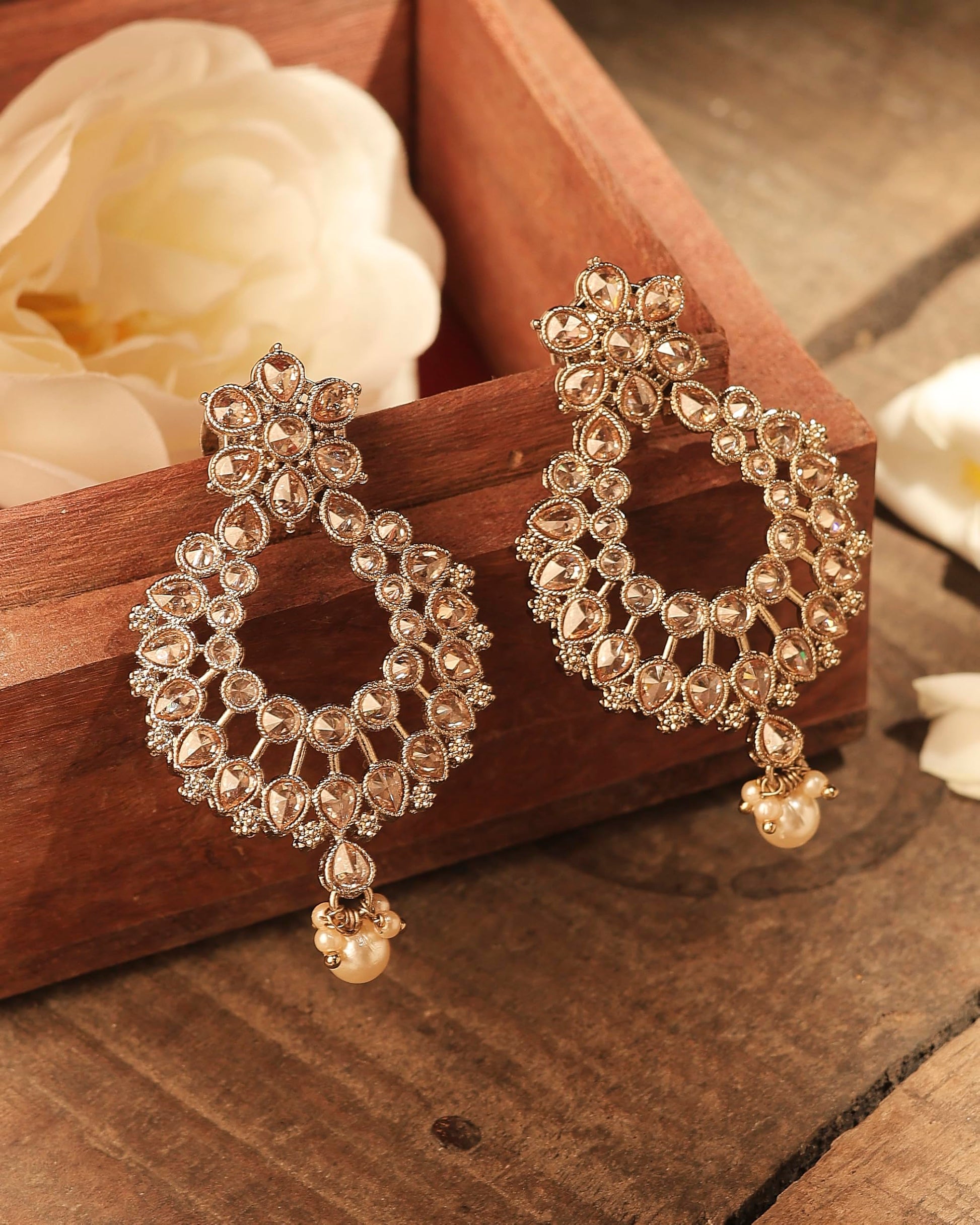 Saloni Fashion Jewellery Gorgeous Pear and Flower Design Gold Plated Brown Kundan Stone Chandelier Earring For Women and Girls