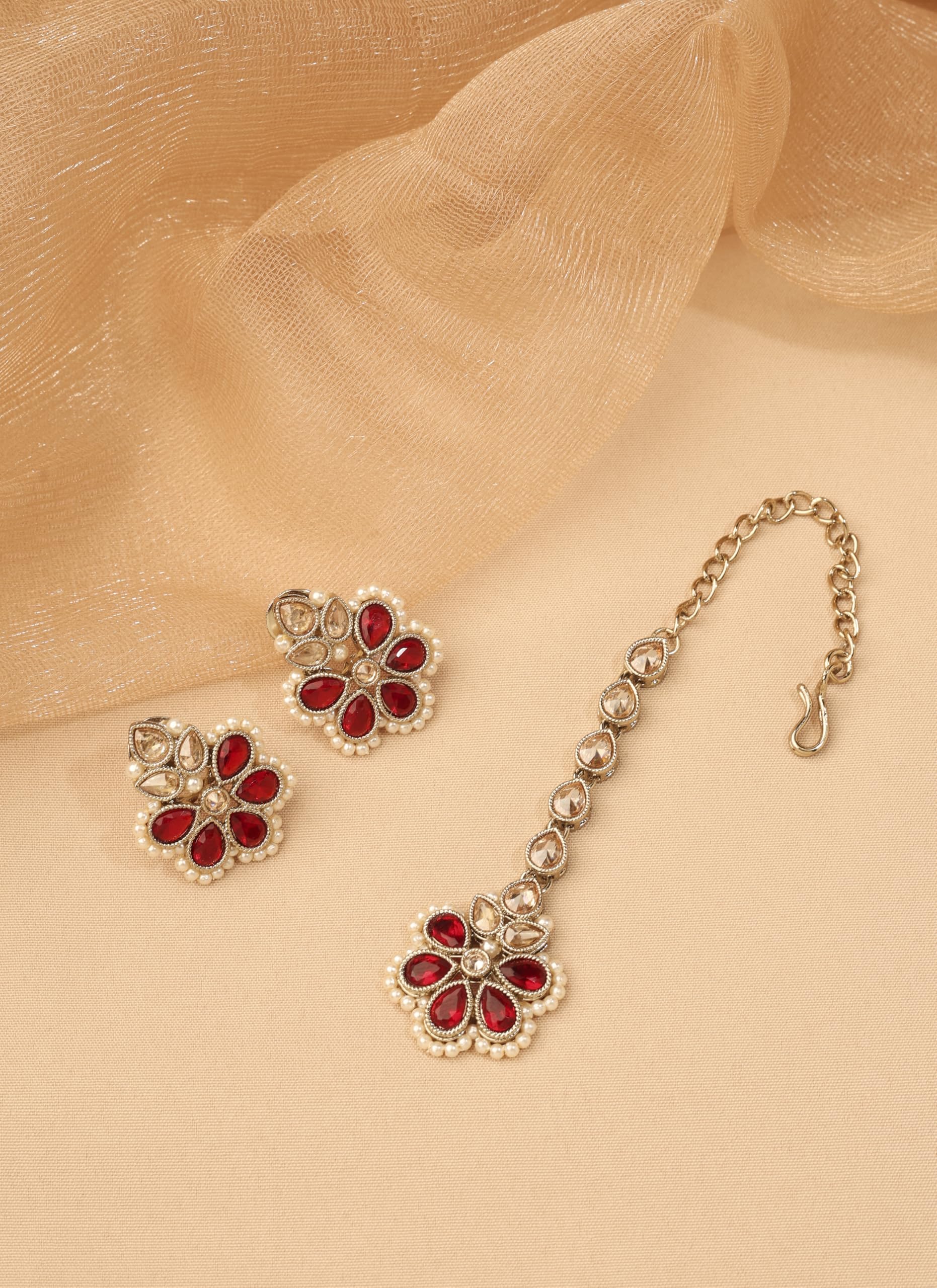 Saloni Fashion Jewellery Designer Flower and Oval Shape Maroon Kundan Stone Pearl Antique Gold Plated Choker Necklace With Maang Tikka For Women and Girls