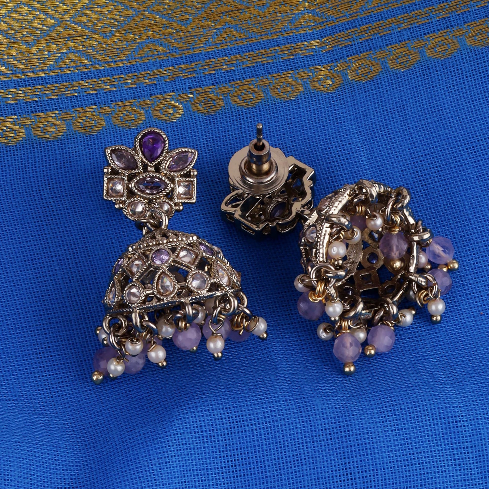 Saloni Fashion Jewellery Brilliant Flower Design Purple Uncut Kundan Stone Antique Gold Plated Jhumki Earring For Women and Girls