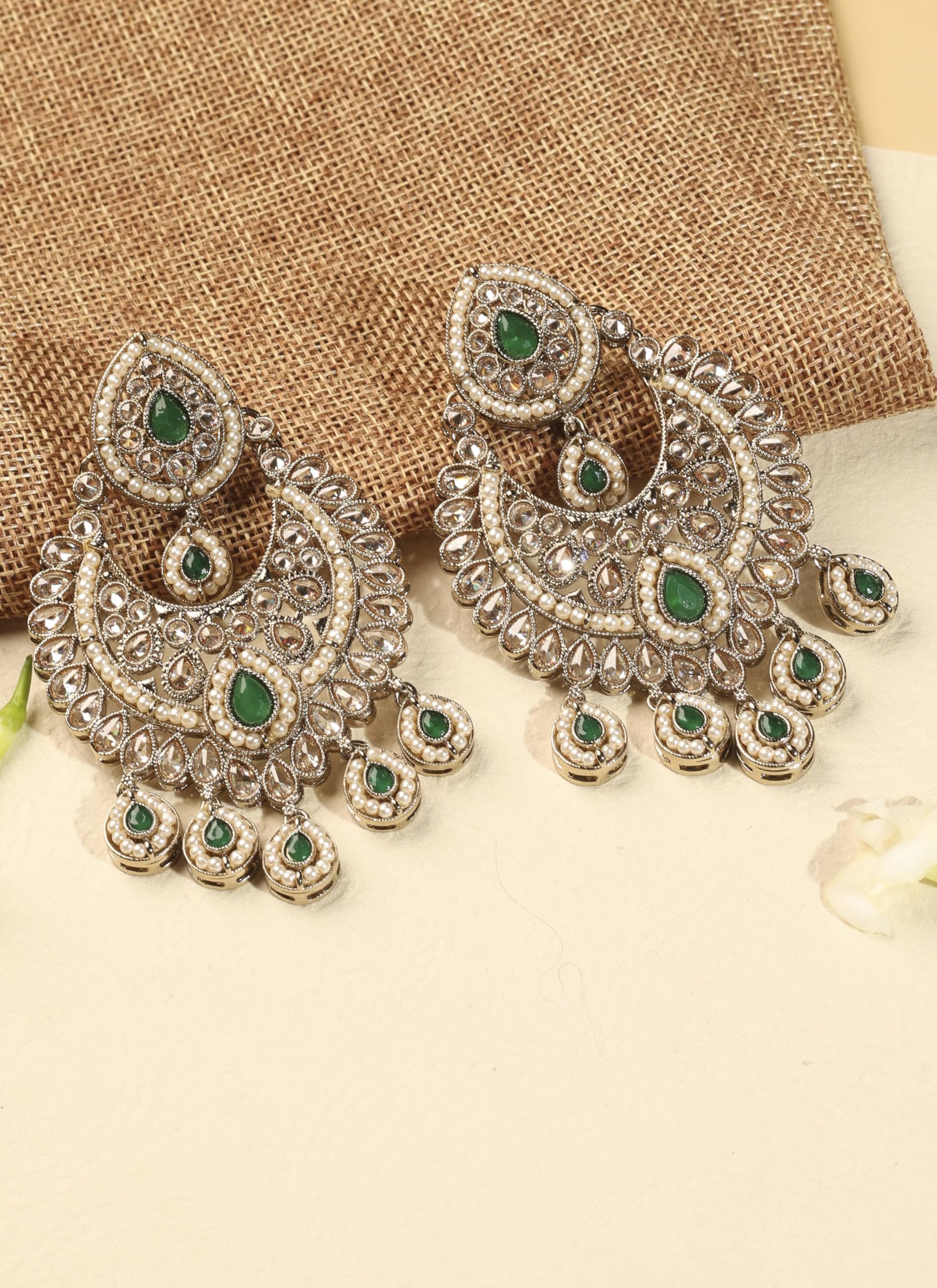 Saloni Fashion Jewellery Modern Chandelier Shape and Pearl Green Kundan Stone Antique Gold Plated Chandelier Earring For Women and Girls