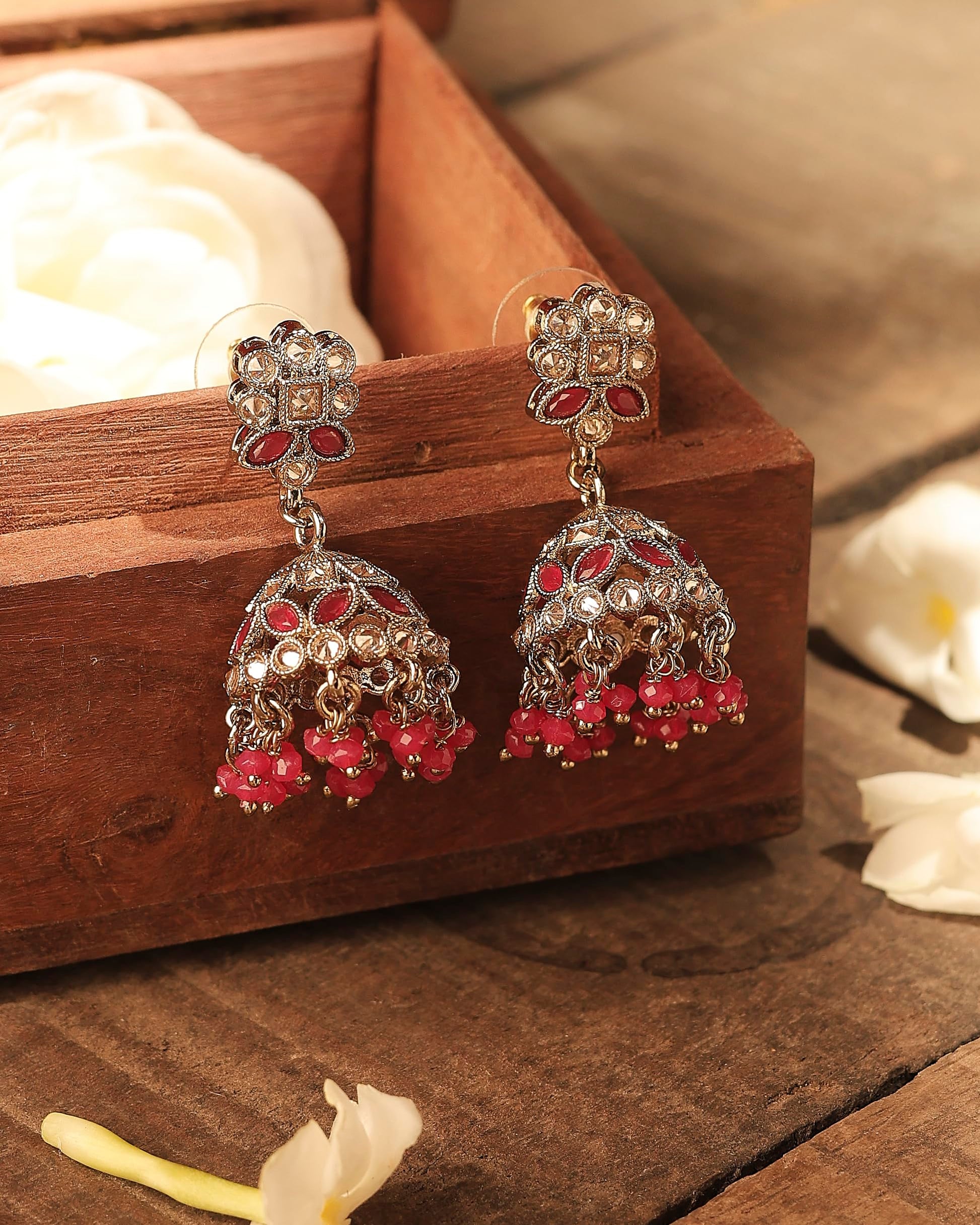 Saloni Fashion Jewellery Enjoyable Round and Pear Shape Silver Plated Pearl Ruby Kundan Stone Jhumki Earring For Women and Girls