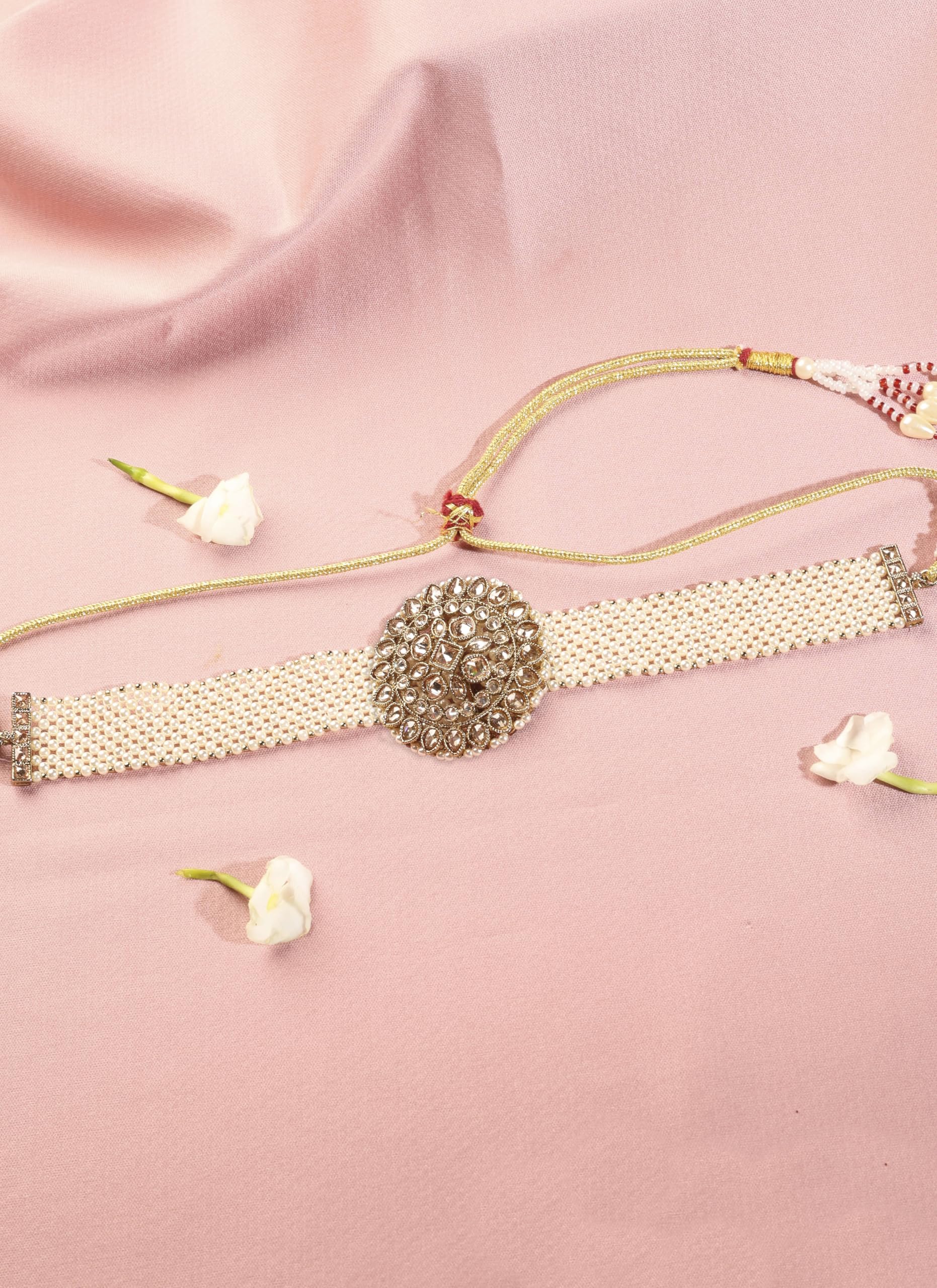 Saloni Fashion Jewellery Gorgeous Flower Design and Mother of Pearl Antique Gold Plated Collar Necklace Set For Women and Girls