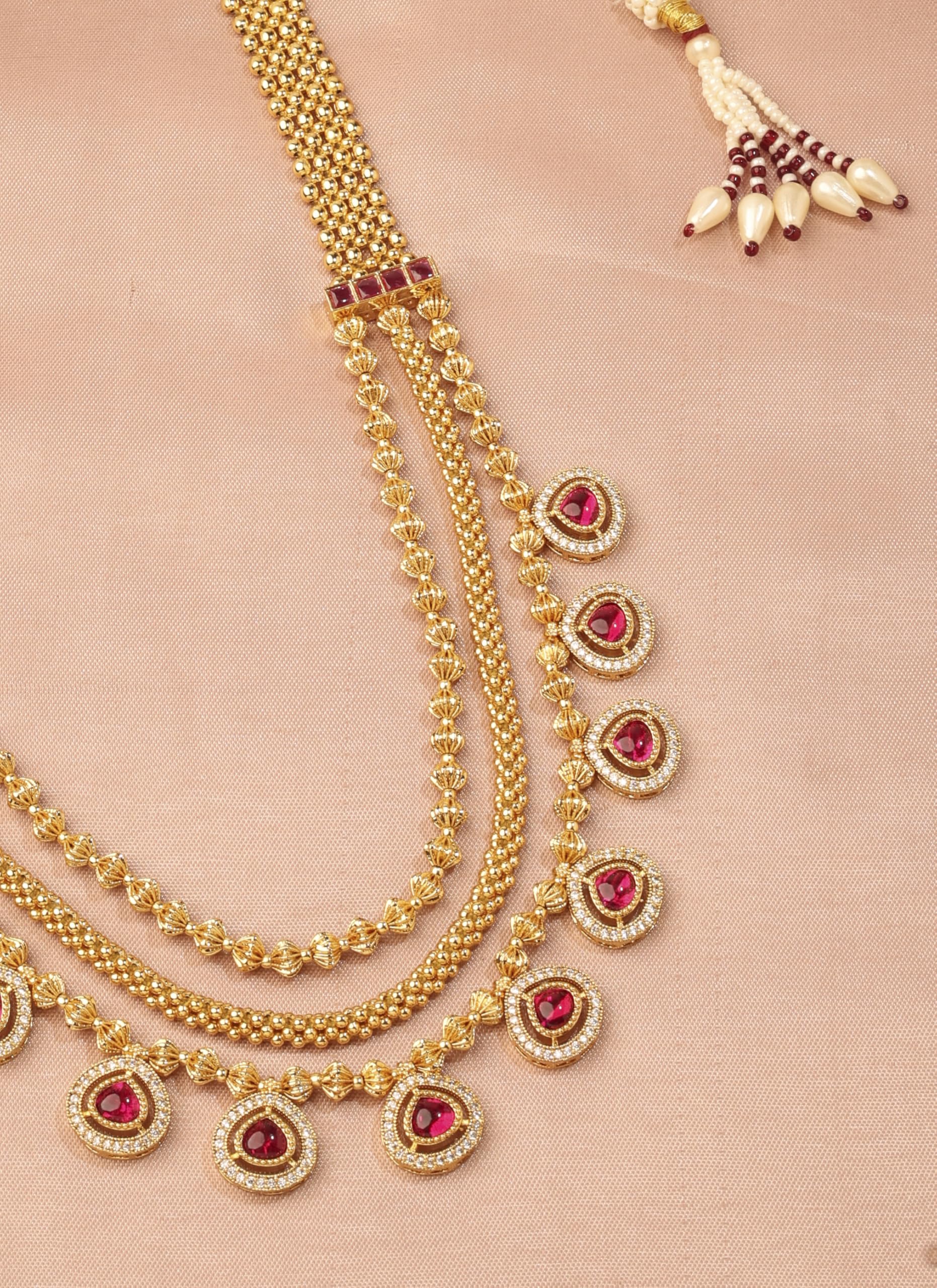 Saloni Fashion Jewellery Lovely Oval Shape Pink Kundan Stone 3 String Small Golden Balls Gold Plated Long Haram Brass Necklace For Women and Girls