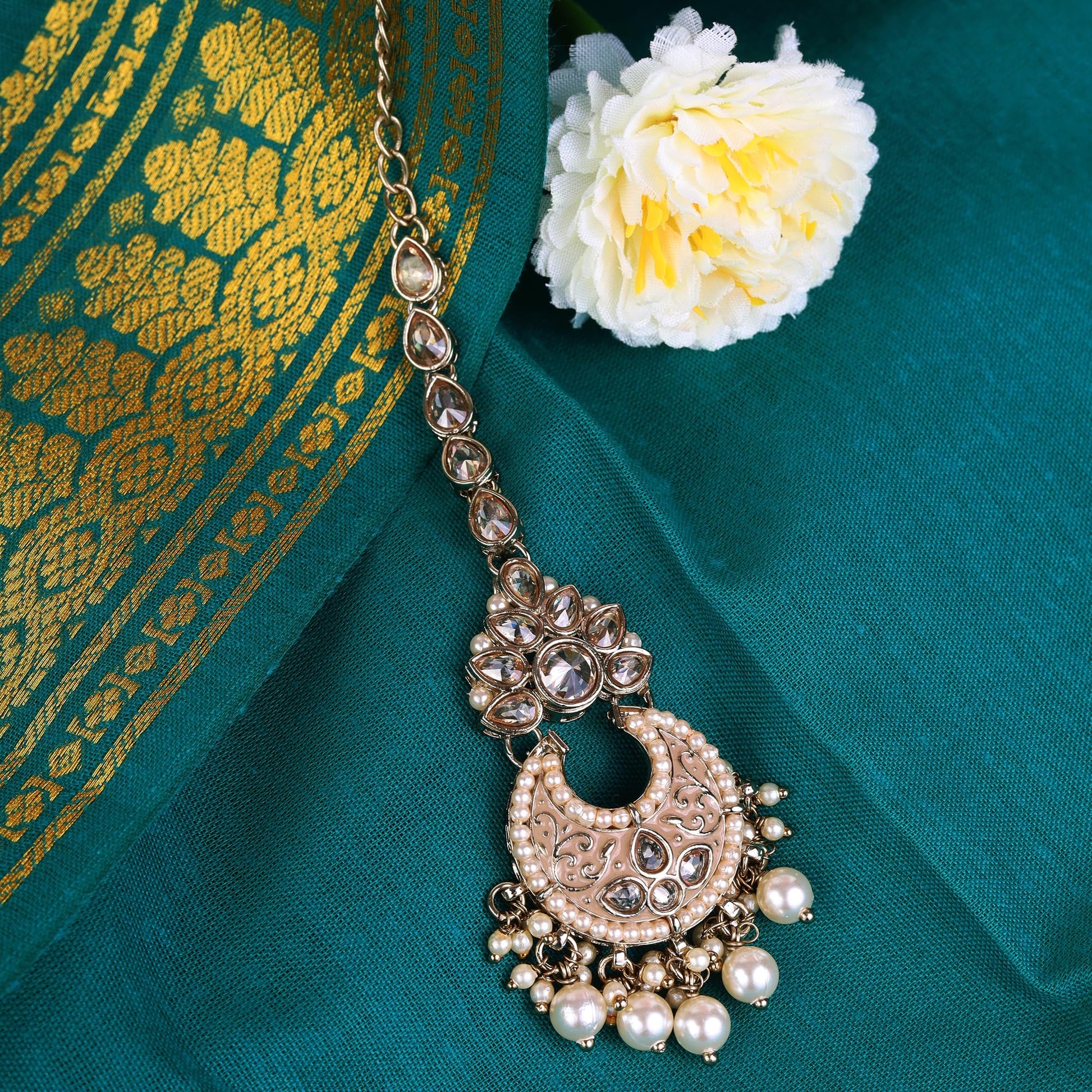 Saloni Fashion Jewellery Traditional Chandelier and Flower Shape Silver Gold Plated Maang Tikka For Women