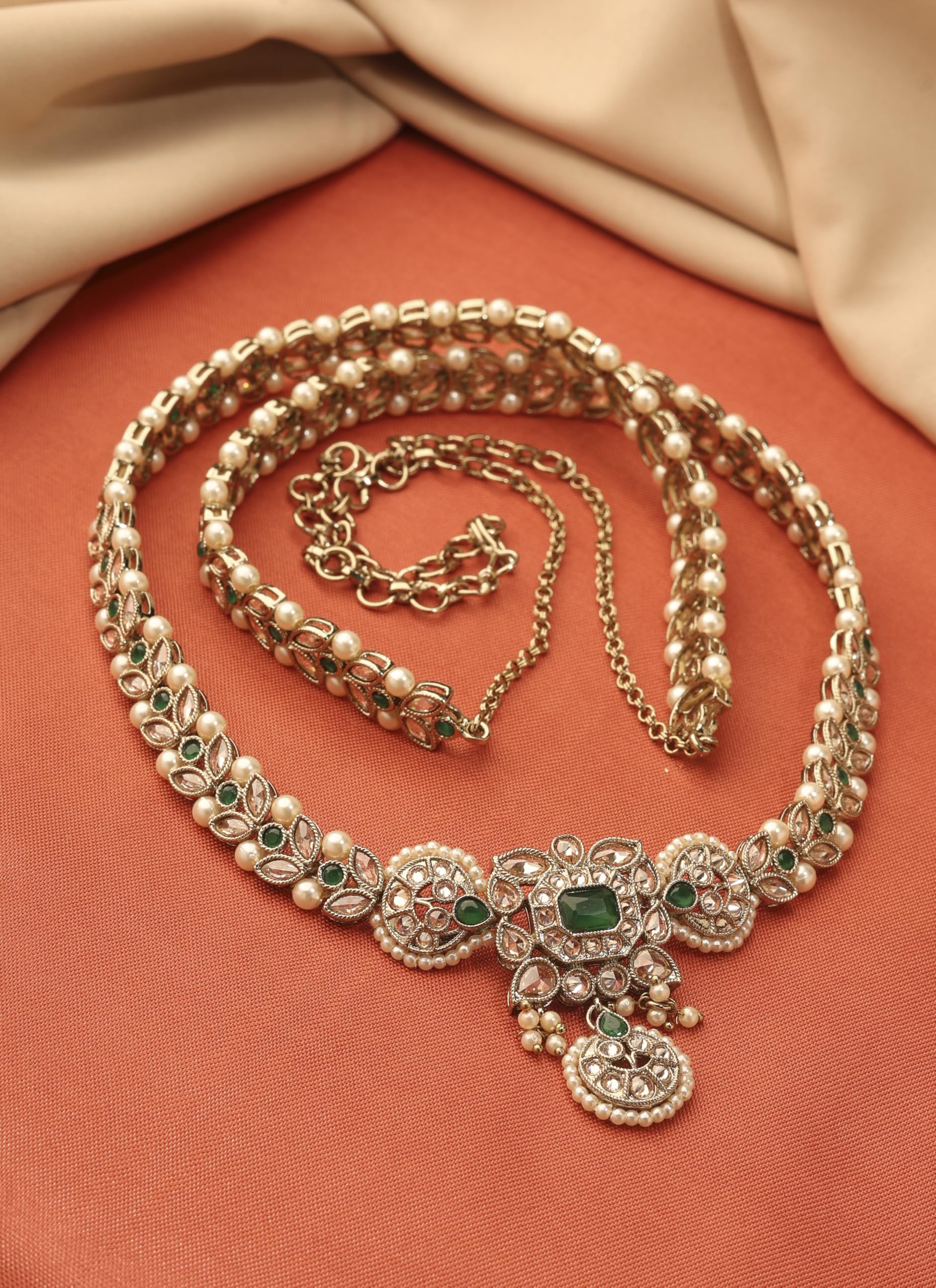 Saloni Fashion Jewellery Traditional Paisley and Leaf Design Pearl Green Kundan Stone Antique Gold Plated Kamarband For Women and Girls