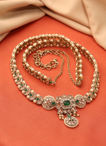 Saloni Fashion Jewellery Traditional Paisley and Leaf Design Pearl Green Kundan Stone Antique Gold Plated Kamarband For Women and Girls