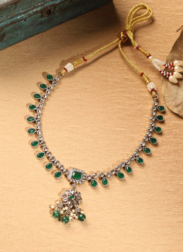 Saloni Fashion Jewellery Modern Flower and Oval Shape Green Kundan Stone Antique Gold Plated Brass Choker Necklace Set For Women and Girls