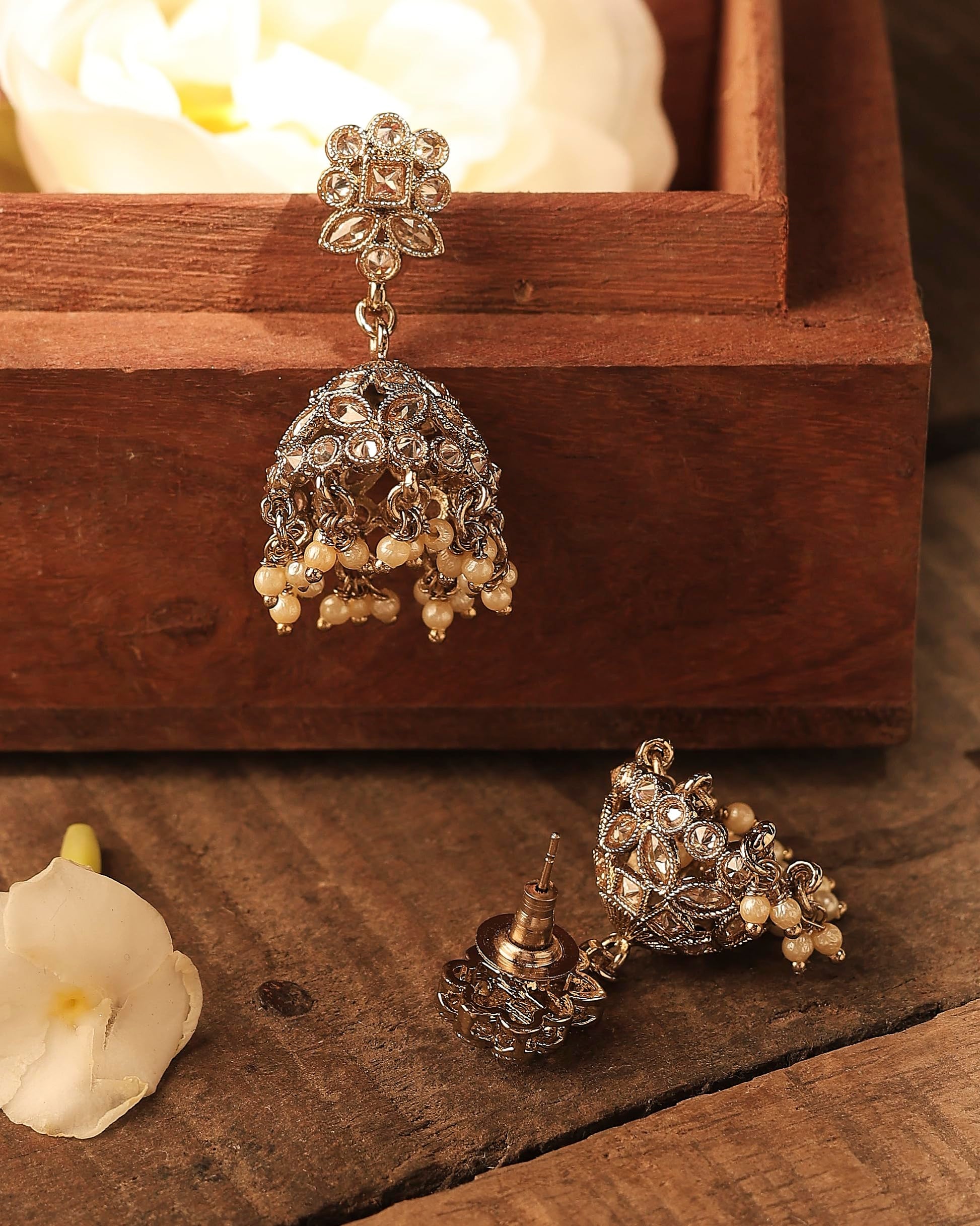 Saloni Fashion Jewellery Desirable Round and Pear Shape Silver Plated Pearl Brown Kundan Stone Jhumki Earring For Women and Girls