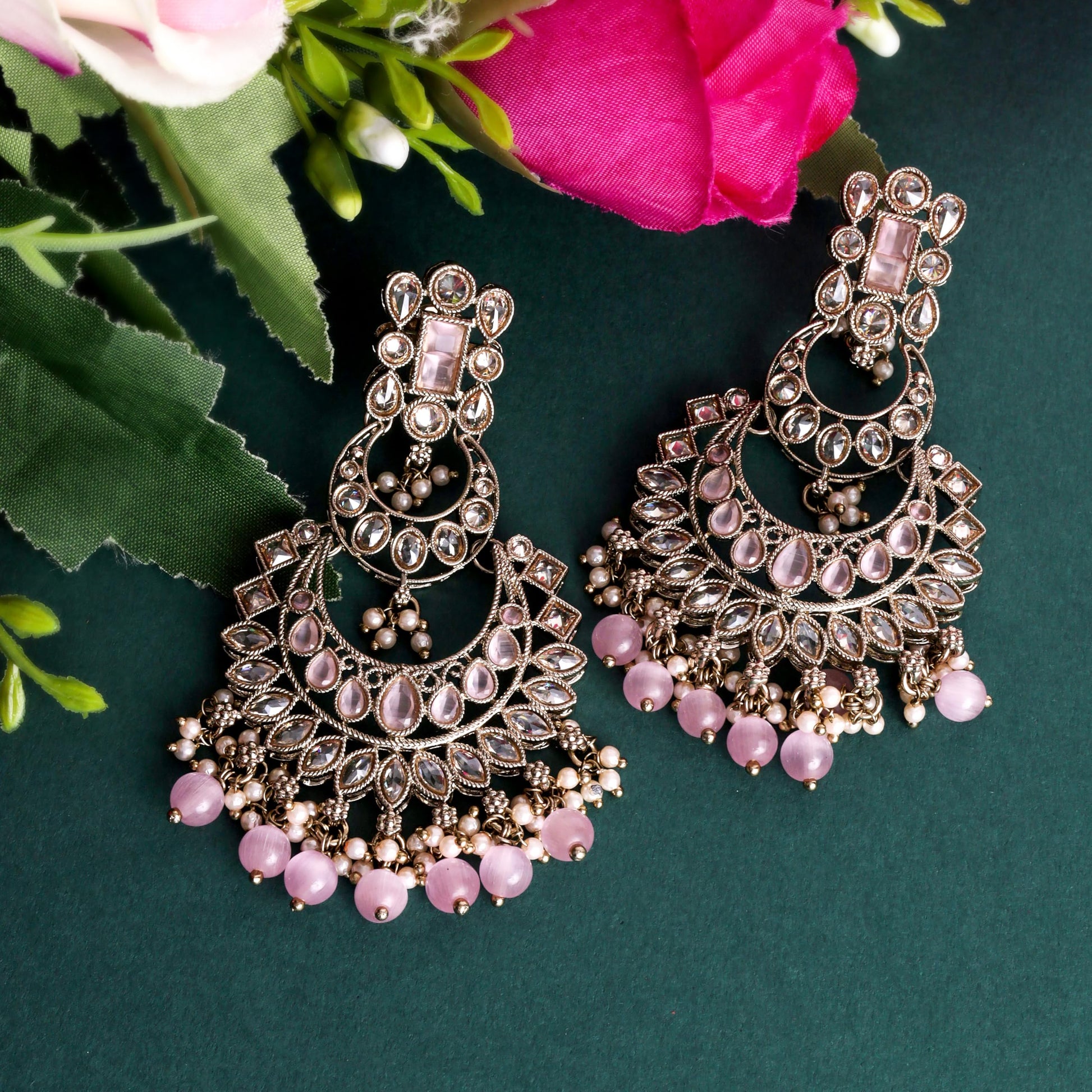 Saloni Fashion Jewellery Graceful Pear and Chandelier Shape Mother of Pearl Pink Uncut Kundan Stone Antique Gold Plated Earring For Women and Girls