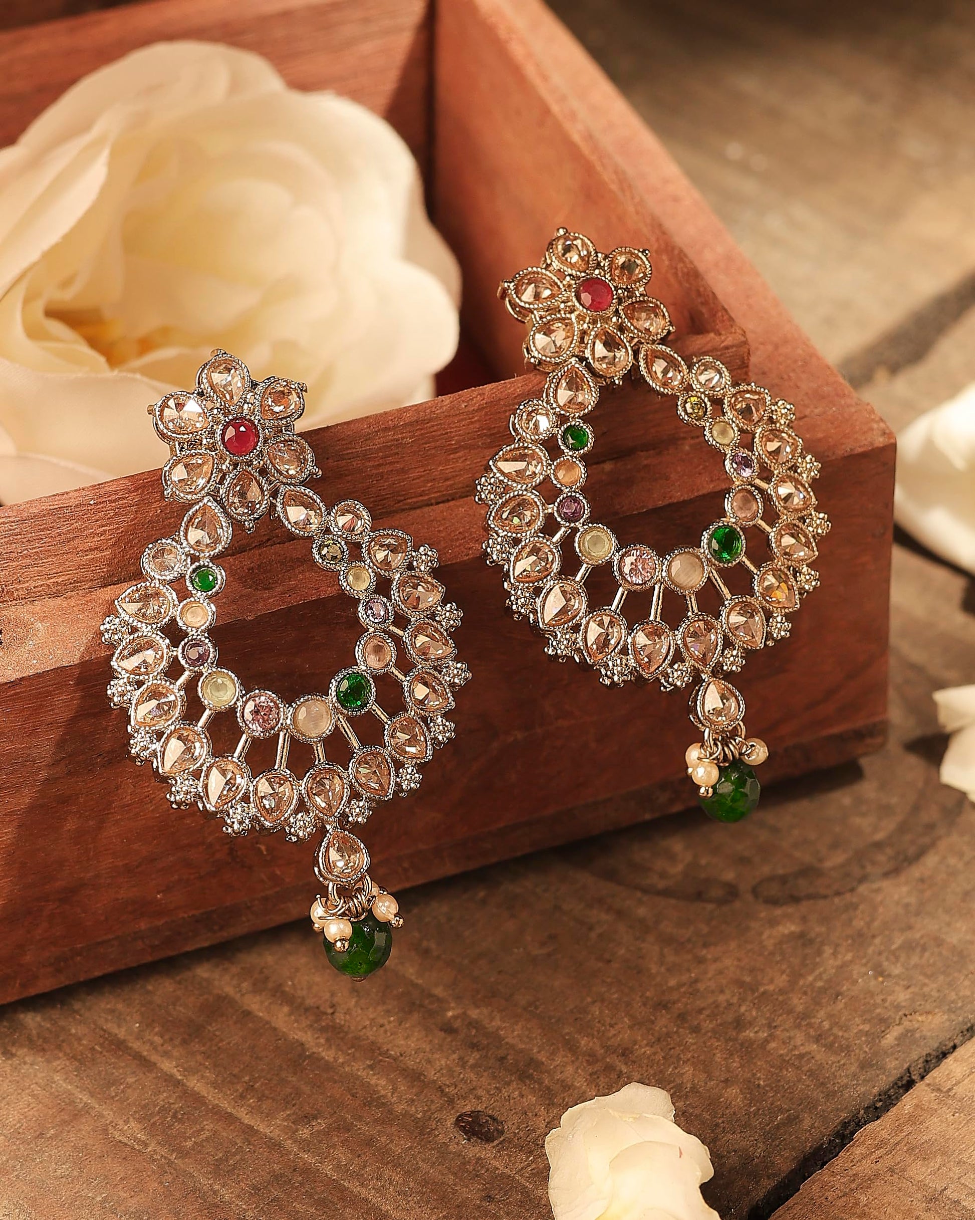 Saloni Fashion Jewellery Incredible Pear and Flower Design Gold Plated Multi Kundan Stone Chandelier Earring For Women and Girls