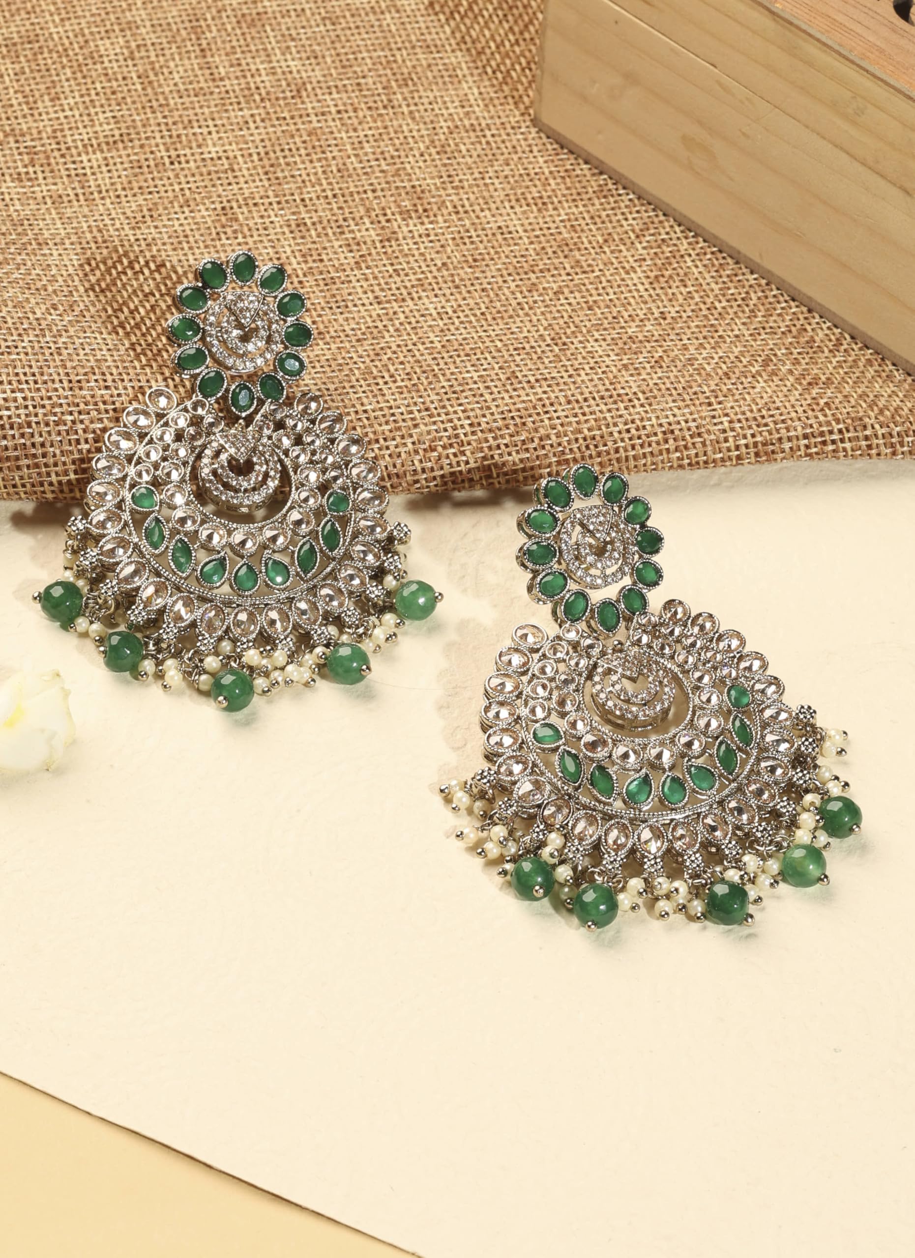 Saloni Fashion Jewellery Lavish Chandelier and Circle Shape Green Kundan Stone Antique Gold Plated Chandelier Earring For Women and Girls