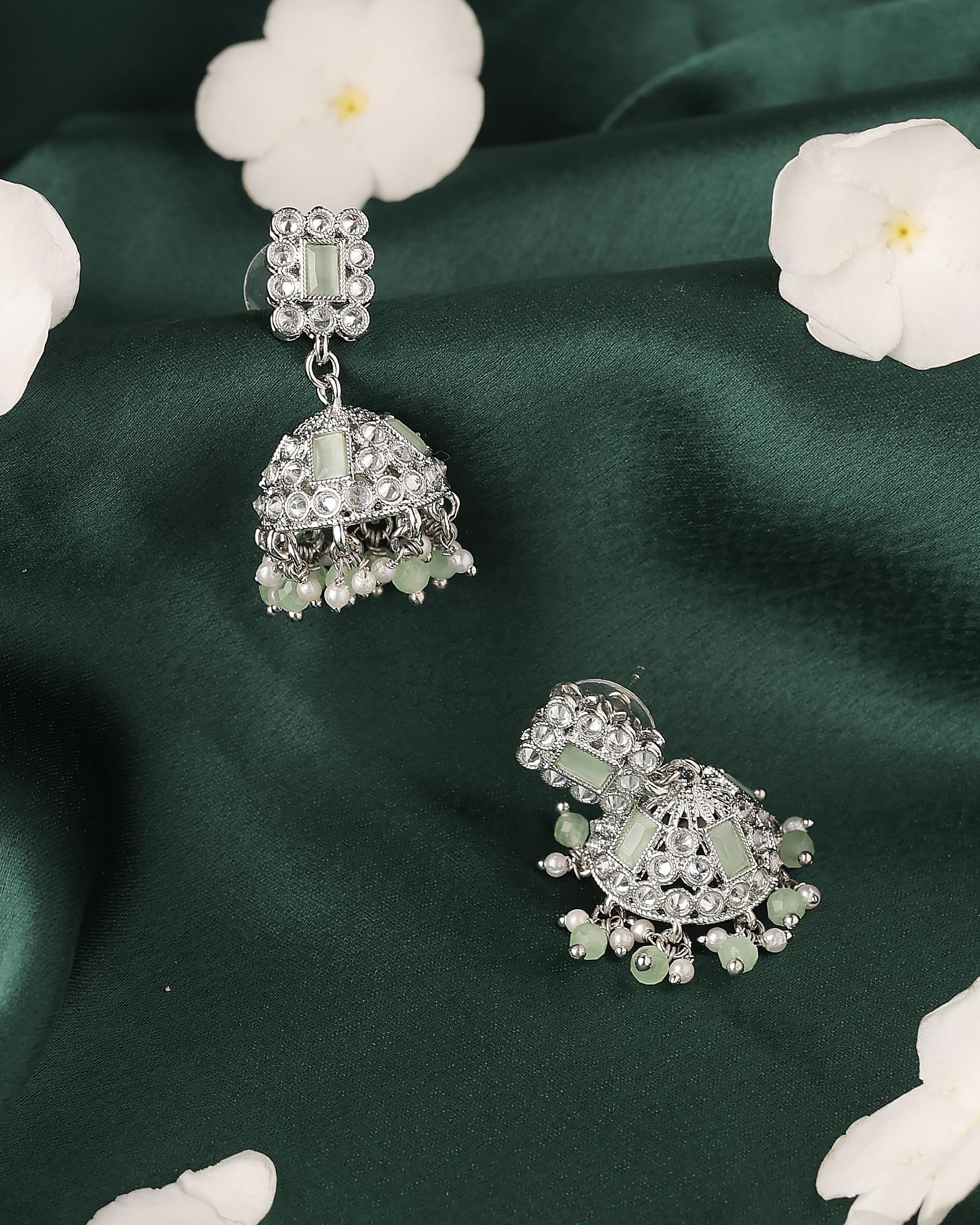 Saloni Fashion Jewellery Creative Square Shape Silver Plated Light Green Kundan Stone Jhumki Earring For Women and Girls