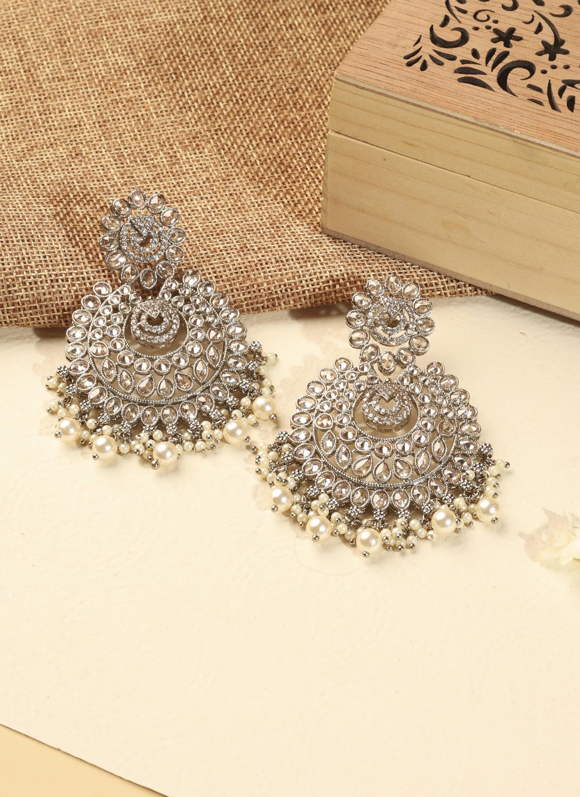 Saloni Fashion Jewellery Fancy Chandelier and Mother of Pearl Brown Kundan Stone Antique Gold Plated Chandelier Earring For Women and Girls